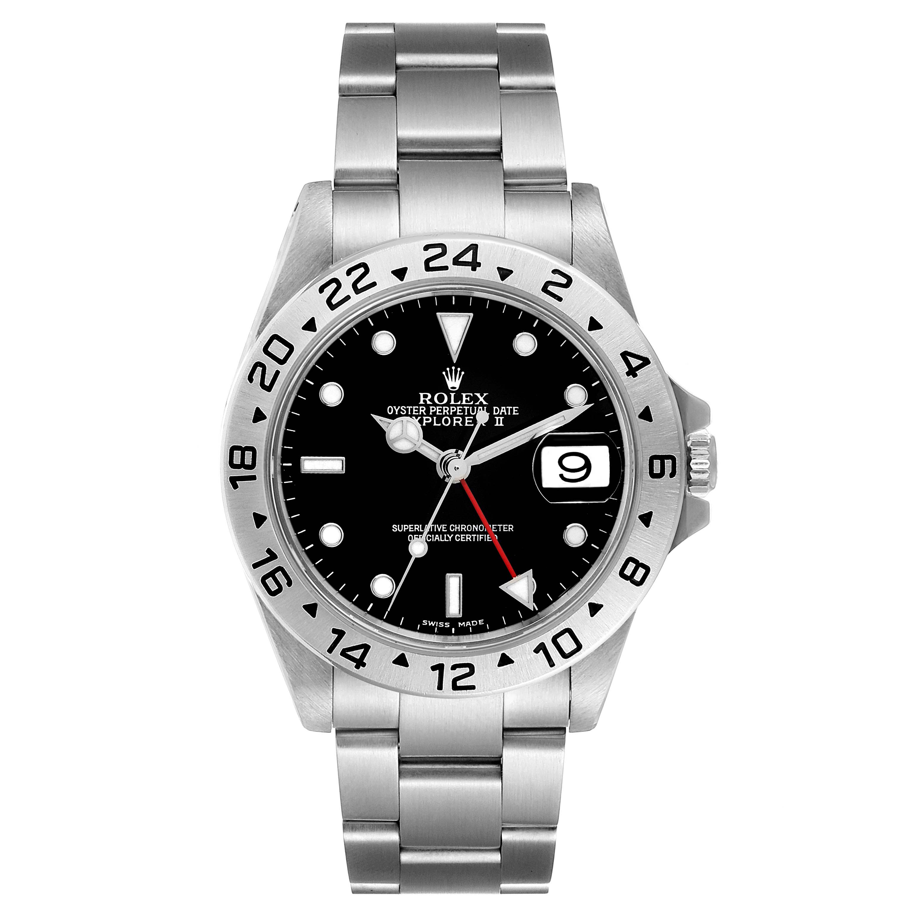The image shows a front view of a Rolex Explorer 16570 Men's Stainless Steel Black Dial 16570 Men's Stainless Steel Black Dial watch, displaying the hour markers, bezel, hands, bracelet, and date window.