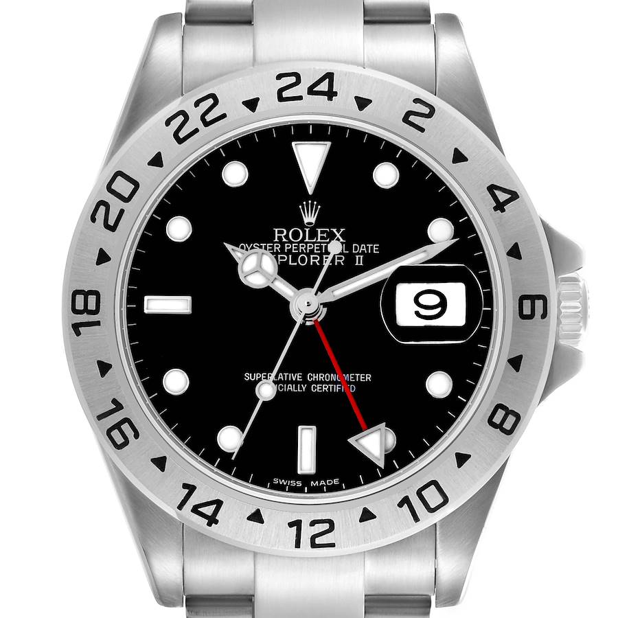 The image shows a front view of the Rolex Explorer II watch, highlighting its dial, bezel, and date window.