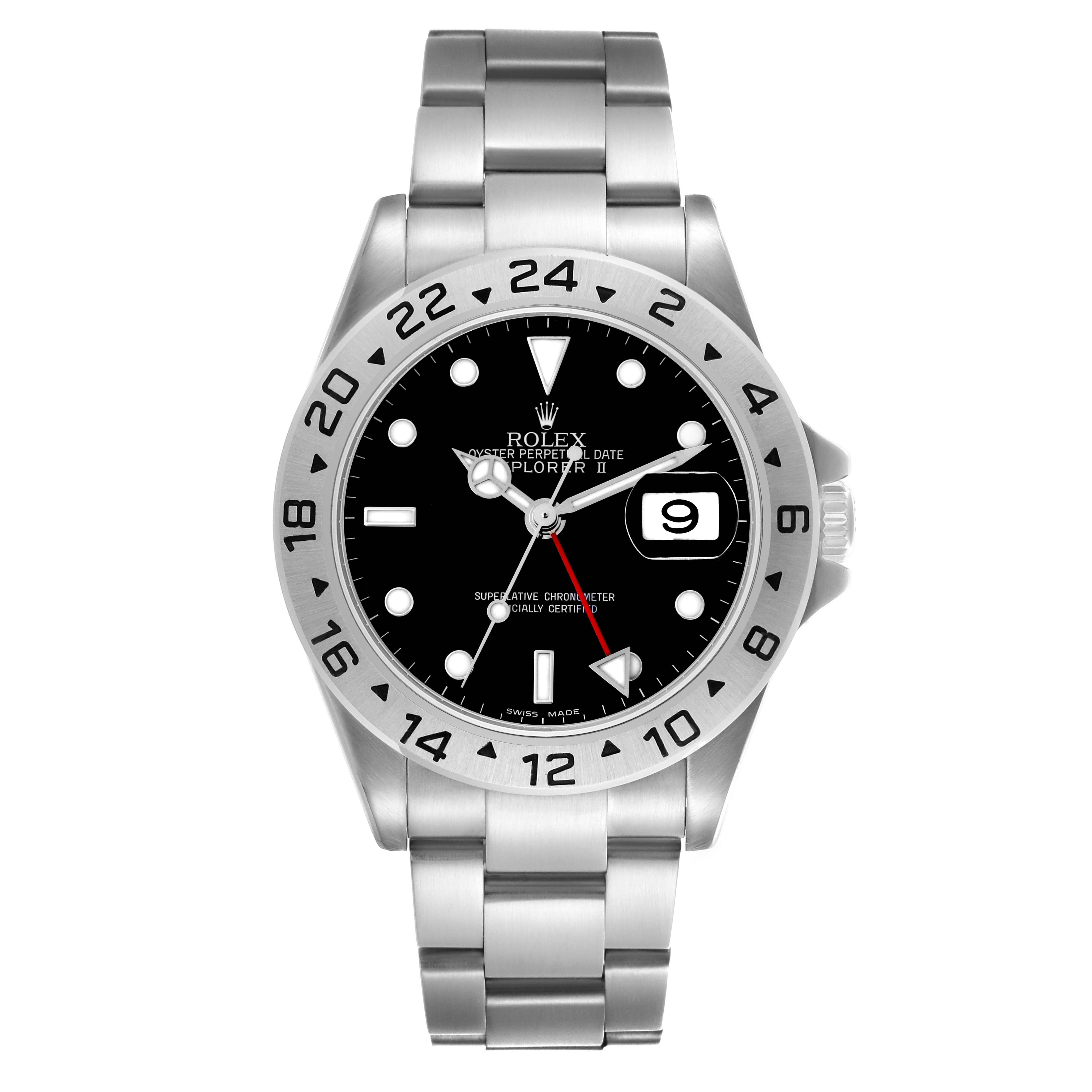 The Rolex Explorer 16570 Men
s Stainless Steel Black Dial 16570 Men
s Stainless Steel Black Dial watch is shown from the front, displaying its bezel, dial, hands, bracelet, and date window.