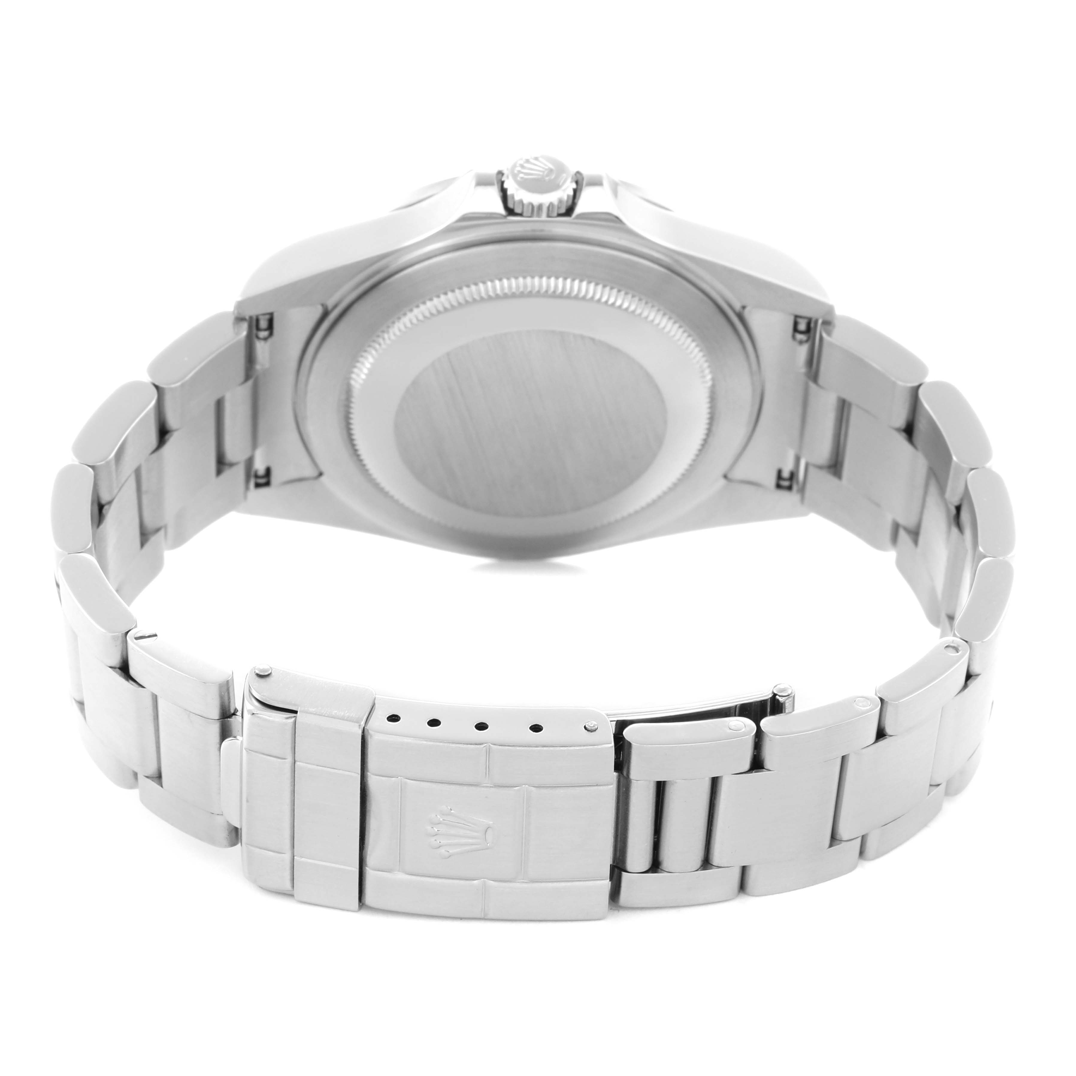 This image shows the back and clasp of the Rolex Explorer 16570 Men
s Stainless Steel Black Dial 16570 Men
s Stainless Steel Black Dial, highlighting the bracelet and case back.