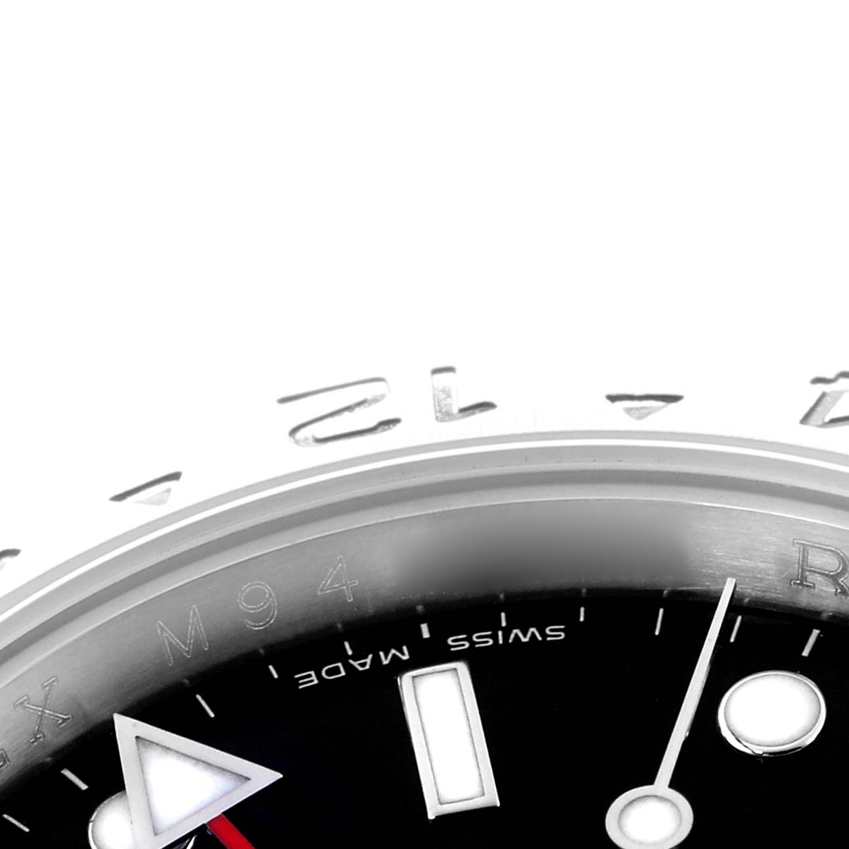 The image shows a close-up of the dial and bezel of a Rolex Explorer 16570 Men
s Stainless Steel Black Dial 16570 Men
s Stainless Steel Black Dial watch, highlighting the indices and part of the bezel markings.