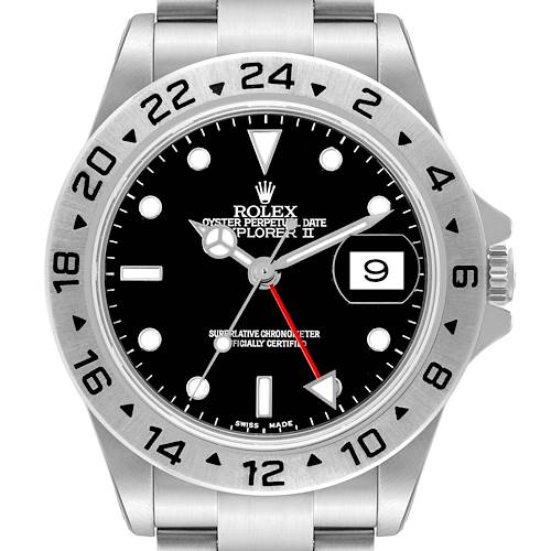 The image shows a front view of the Rolex Explorer II watch, highlighting the watch face, bezel, and part of the bracelet.