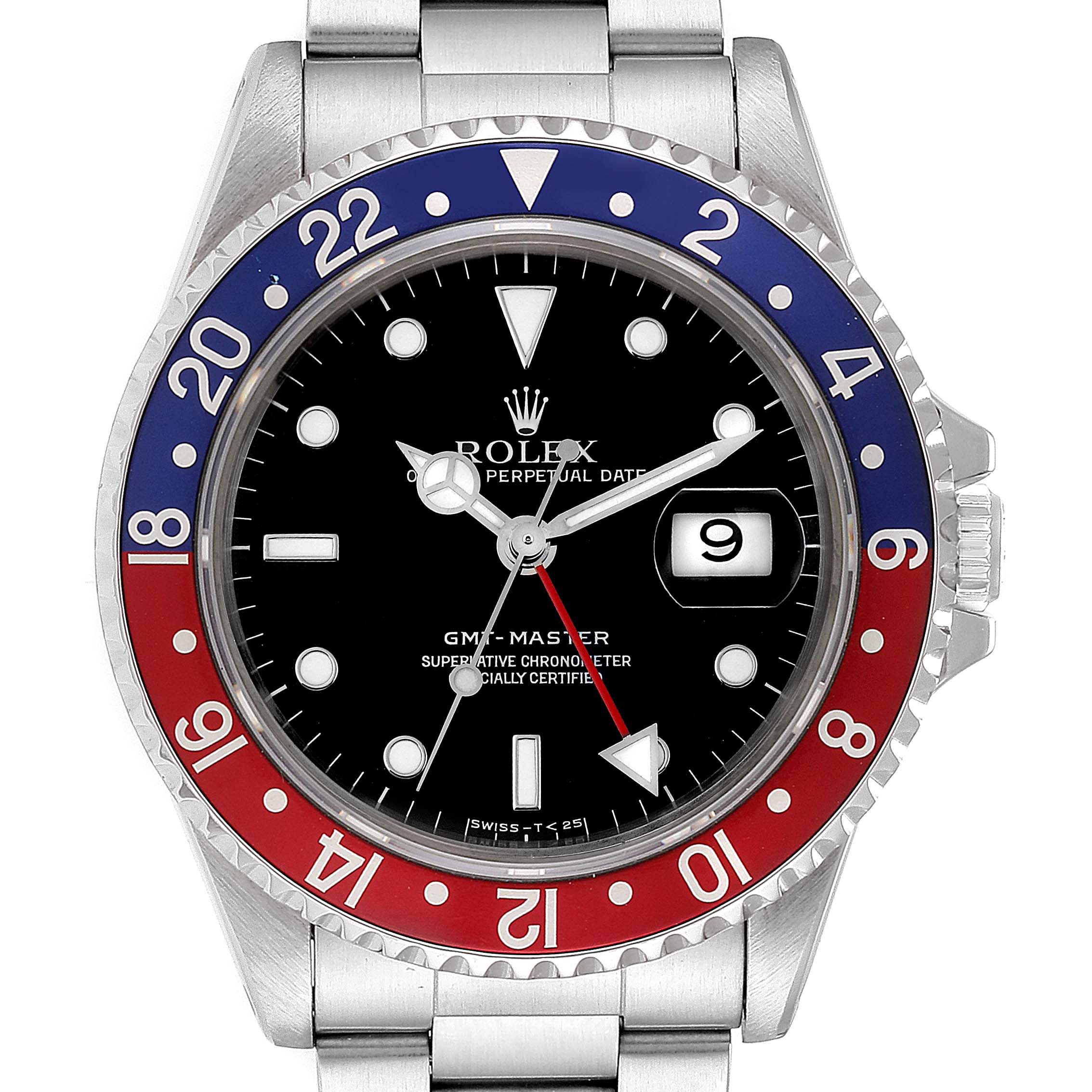 This image shows a front-facing view of a Rolex GMT-Master 16700 Men's Stainless Steel Black Dial 16700 Men's Stainless Steel Black Dial watch with a black dial and a red and blue bezel.