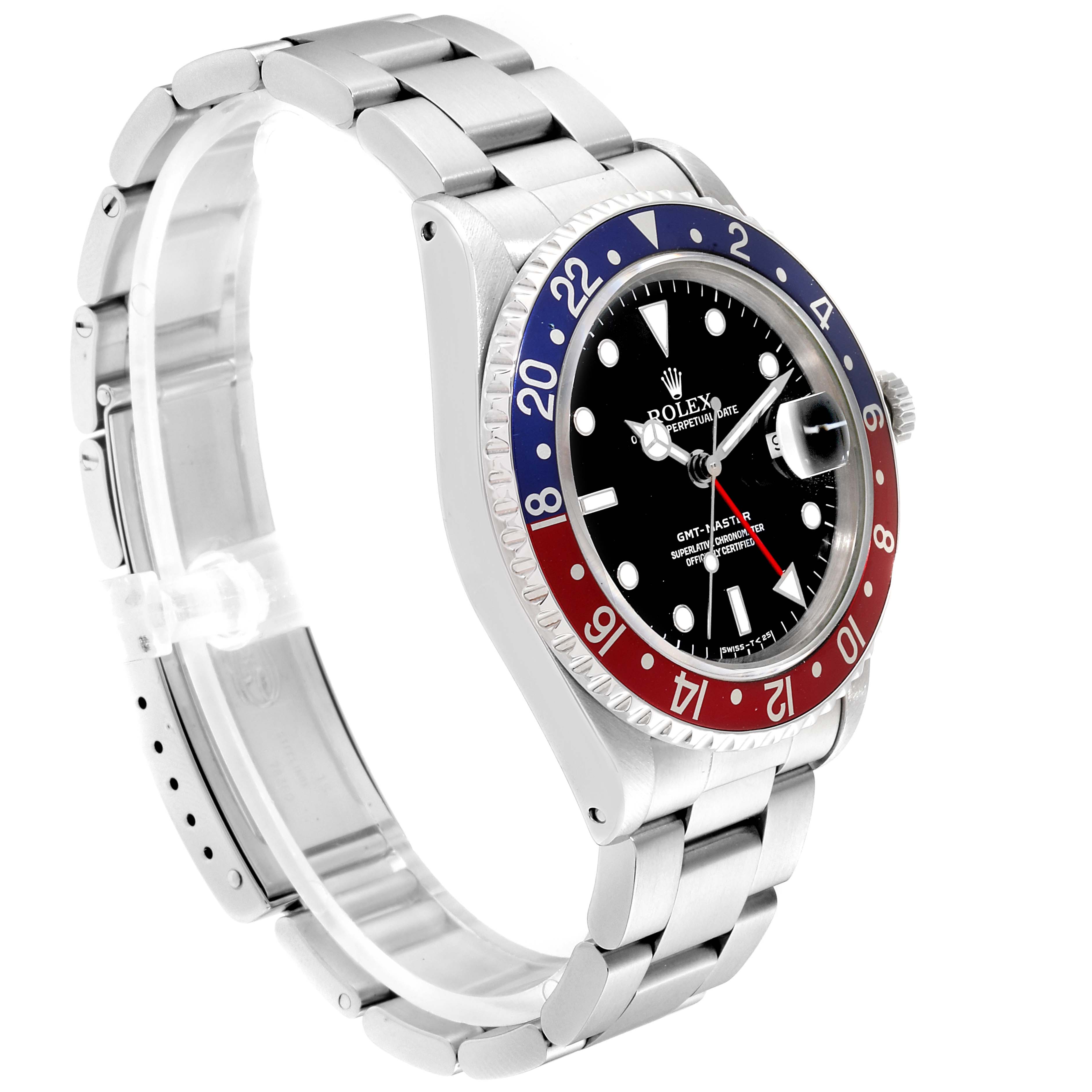 The Rolex GMT-Master 16700 Men's Stainless Steel Black Dial 16700 Men's Stainless Steel Black Dial watch is shown at an angle highlighting the dial, bezel, case, and bracelet.