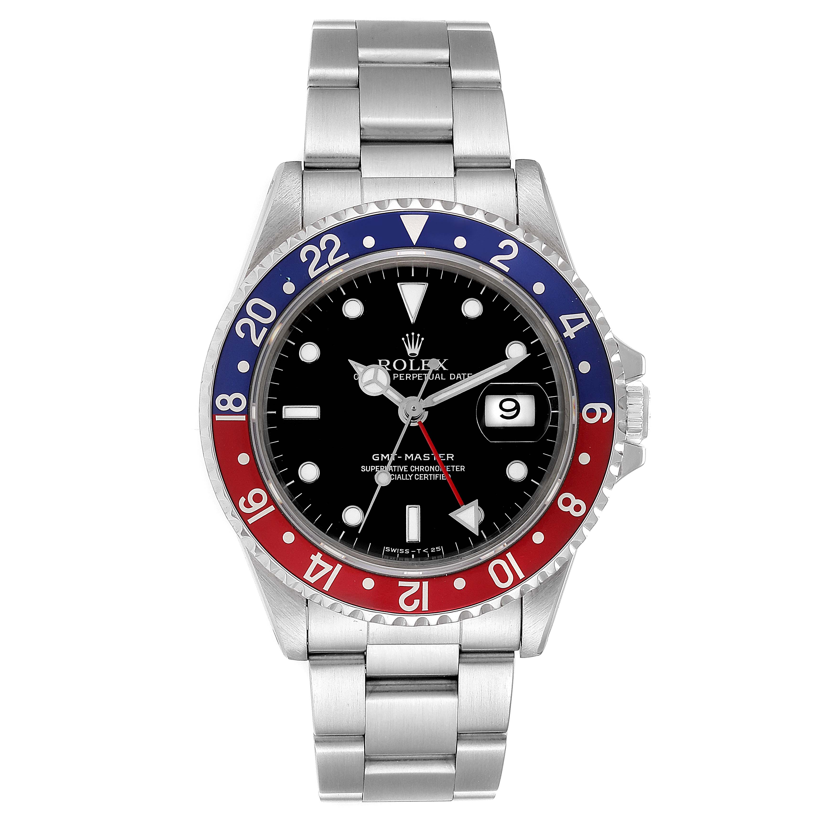 The image shows a frontal view of a Rolex GMT-Master 16700 Men's Stainless Steel Black Dial 16700 Men's Stainless Steel Black Dial watch, displaying the bezel, dial, hands, date window, and bracelet.