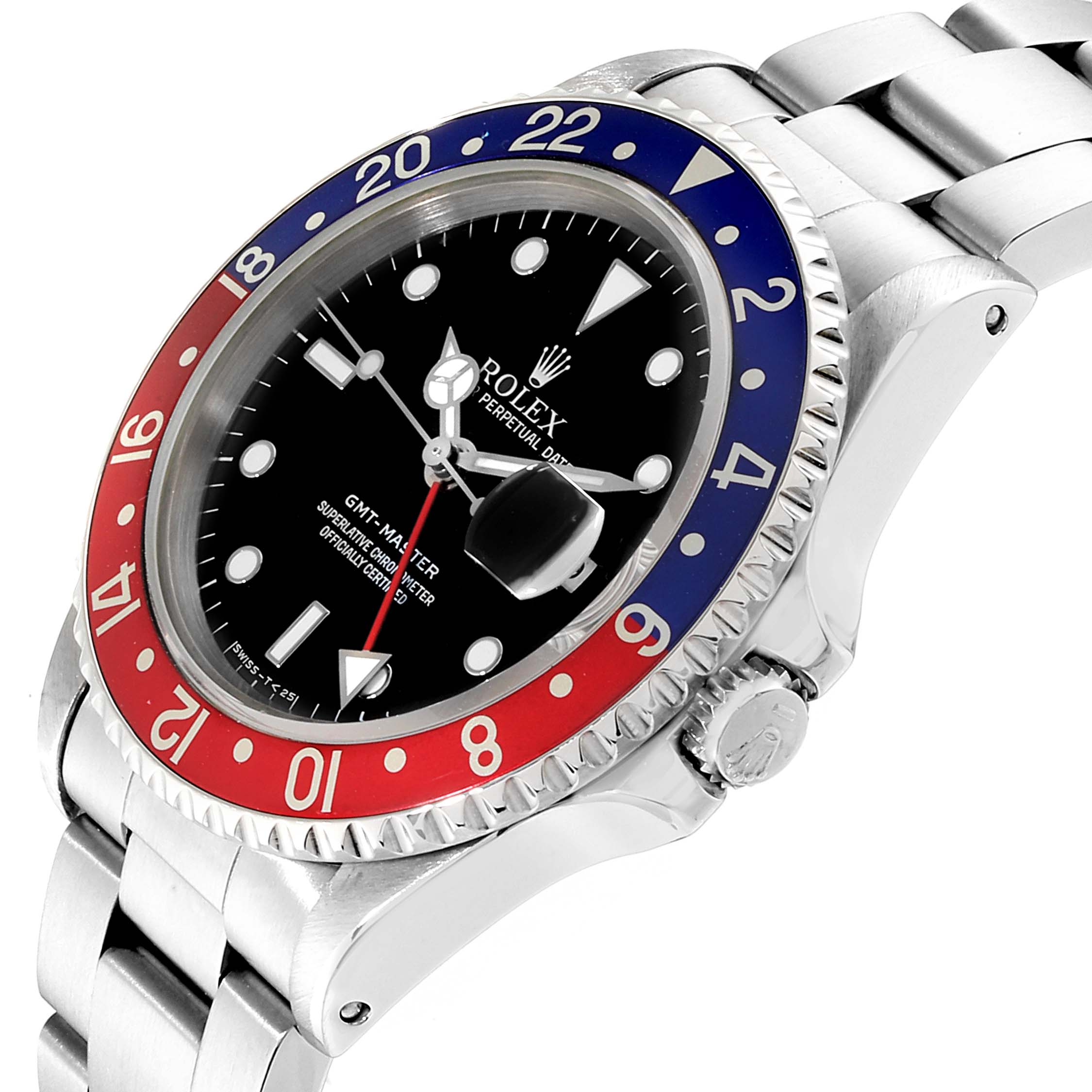 This image shows a close-up angle of the face, bezel, and part of the bracelet of a Rolex GMT-Master 16700 Men's Stainless Steel Black Dial 16700 Men's Stainless Steel Black Dial watch.