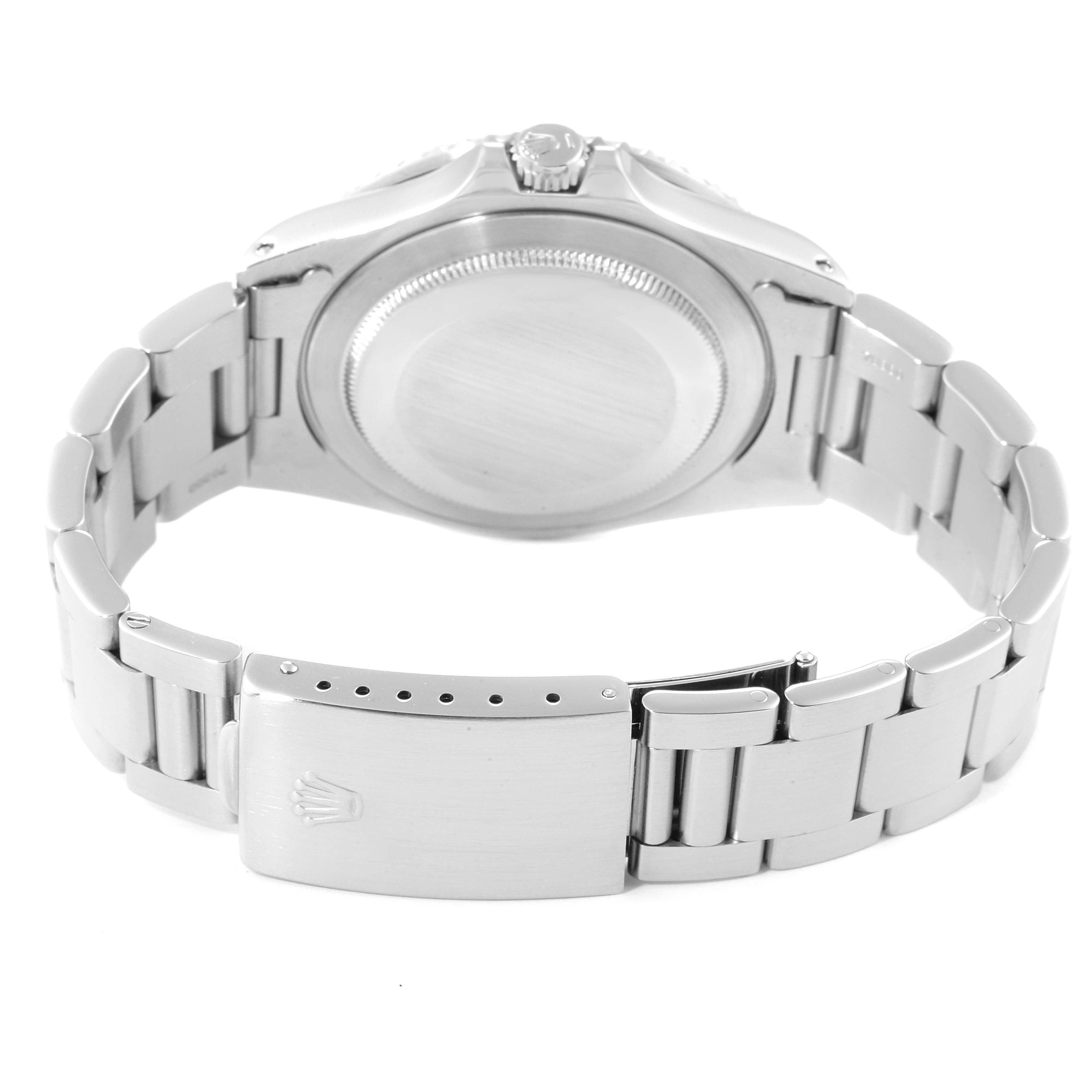 The image shows the back of a Rolex GMT-Master 16700 Men's Stainless Steel Black Dial 16700 Men's Stainless Steel Black Dial watch, highlighting the case back and the bracelet with a closed clasp.