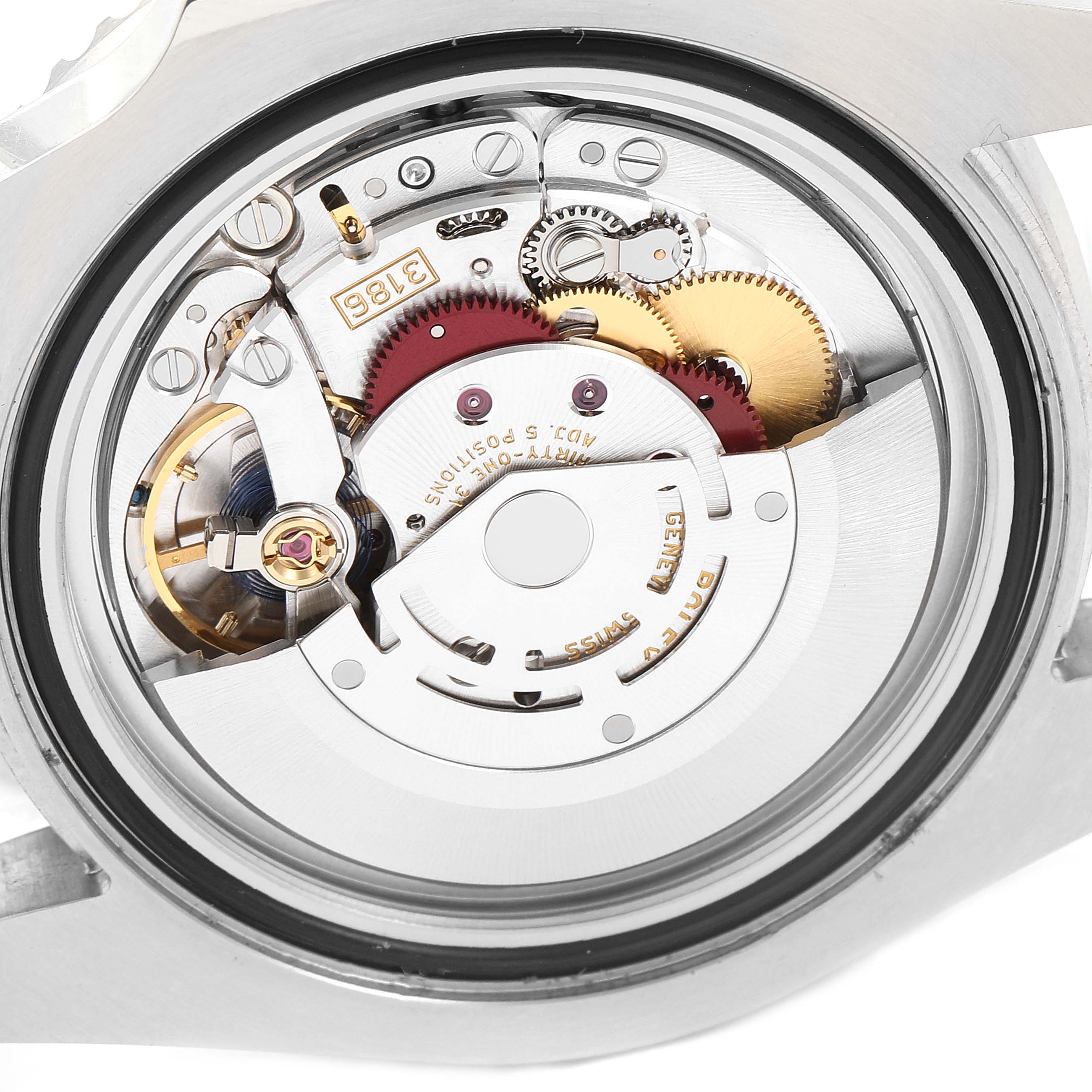 The image shows the internal movement of a Rolex GMT-Master 116710 Men's Stainless Steel Black Dial 116710 Men's Stainless Steel Black Dial model watch from a rear angle, highlighting gears and components.