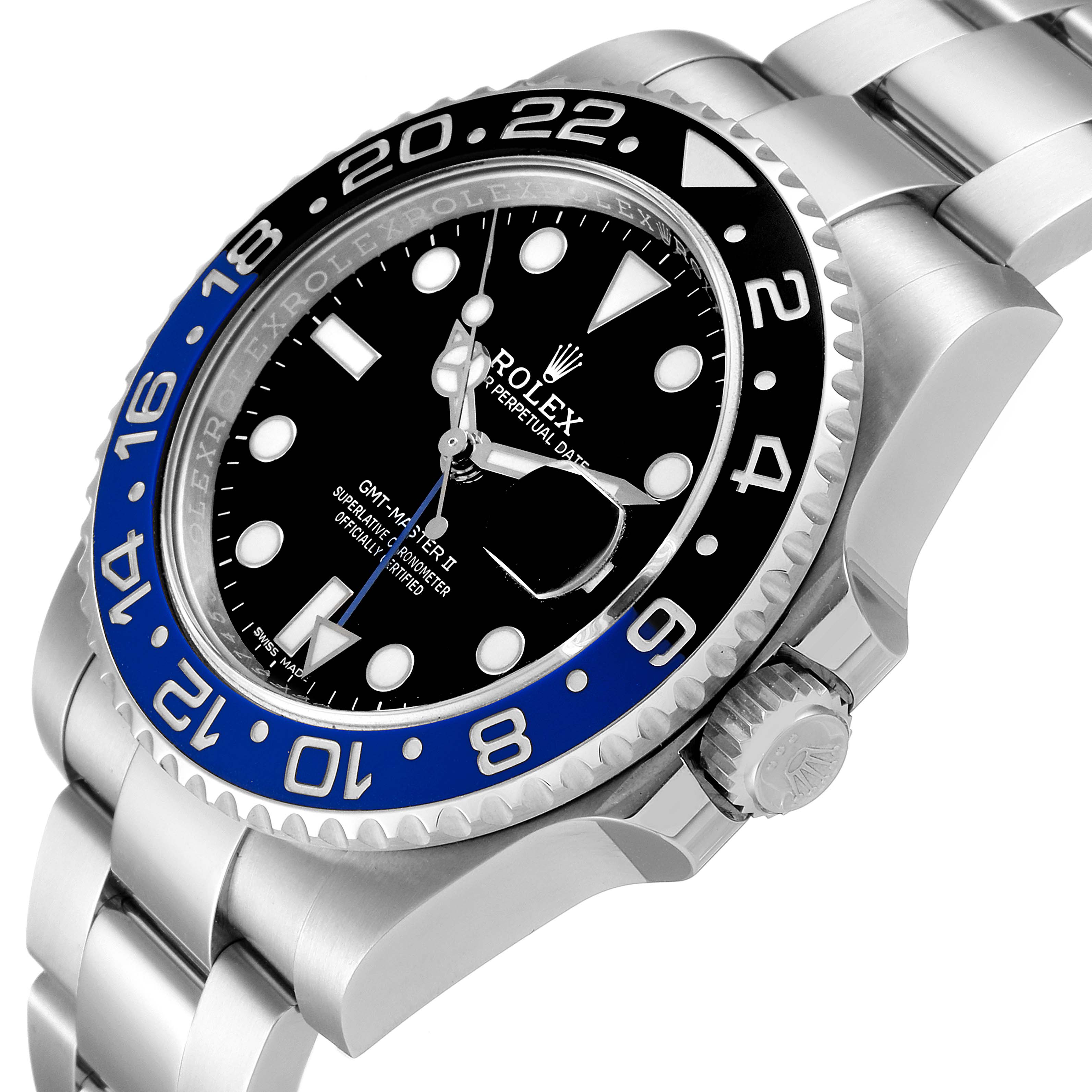 The image shows a Rolex GMT-Master 116710 Men's Stainless Steel Black Dial 116710 Men's Stainless Steel Black Dial II watch from an angled side view, highlighting the bezel, dial, and bracelet.