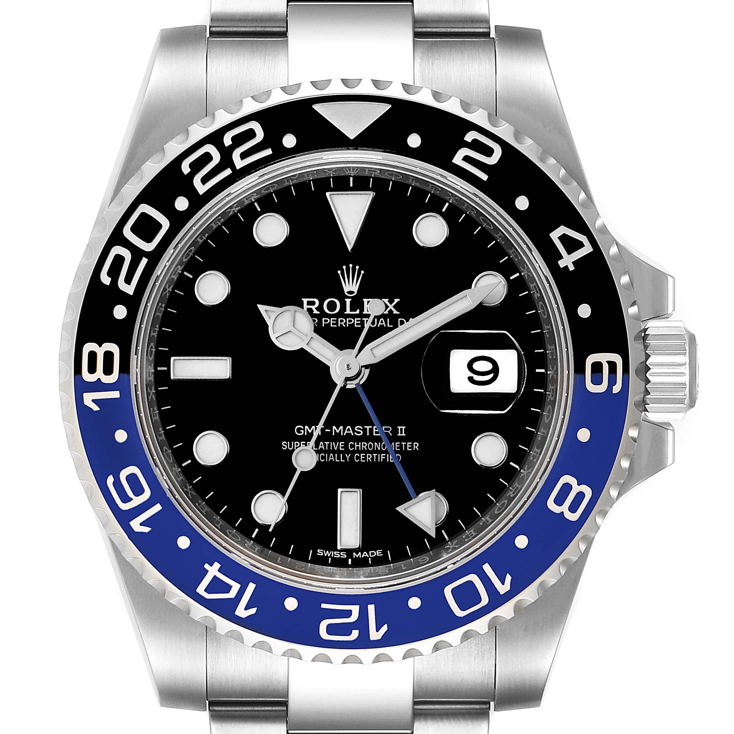 The image shows a front view of the Rolex GMT-Master 116710 Men's Stainless Steel Black Dial 116710 Men's Stainless Steel Black Dial II watch, highlighting its bezel, dial, and hands.