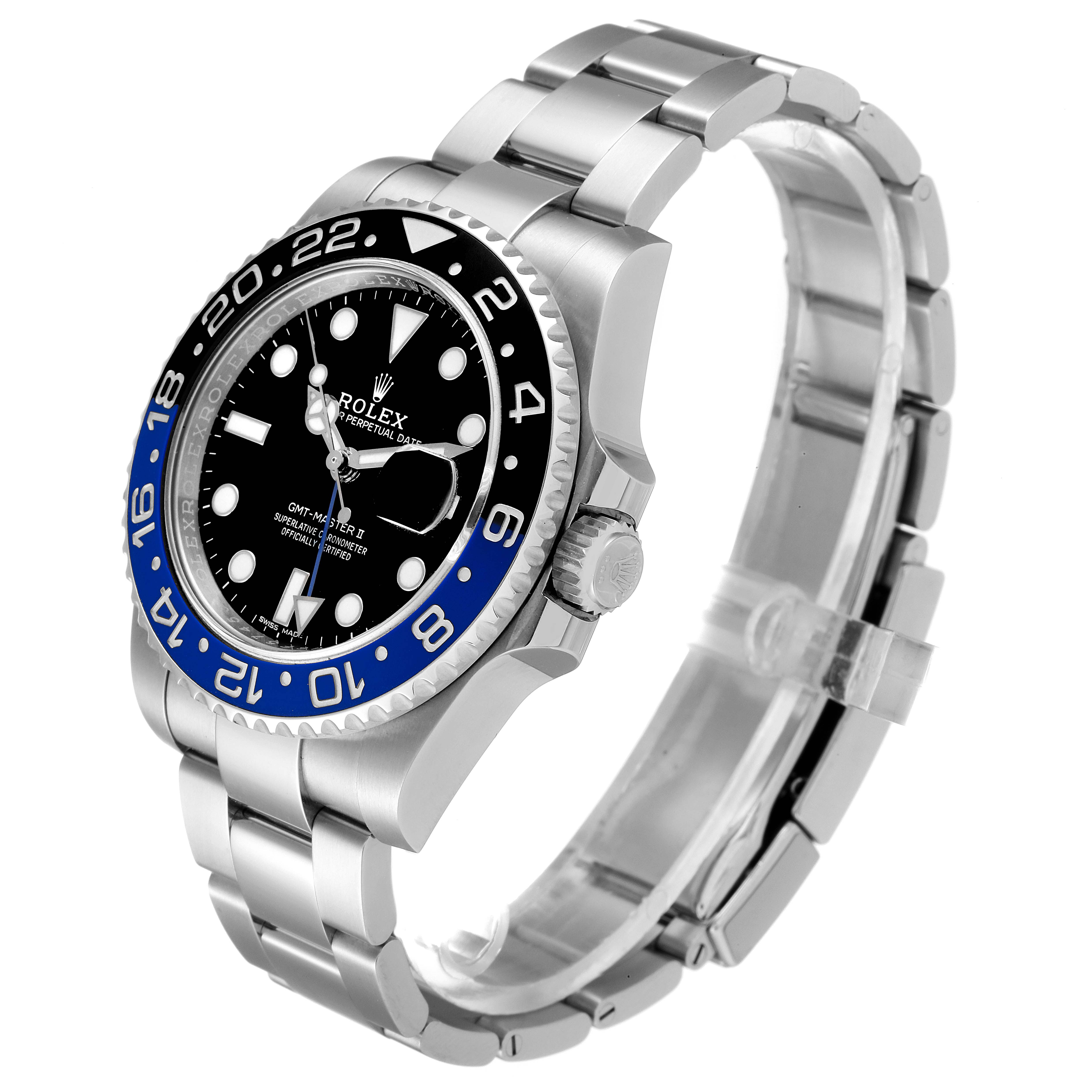 The image shows a side angle of the Rolex GMT-Master 116710 Men's Stainless Steel Black Dial 116710 Men's Stainless Steel Black Dial watch, highlighting the bezel, dial, hands, bracelet, and crown.