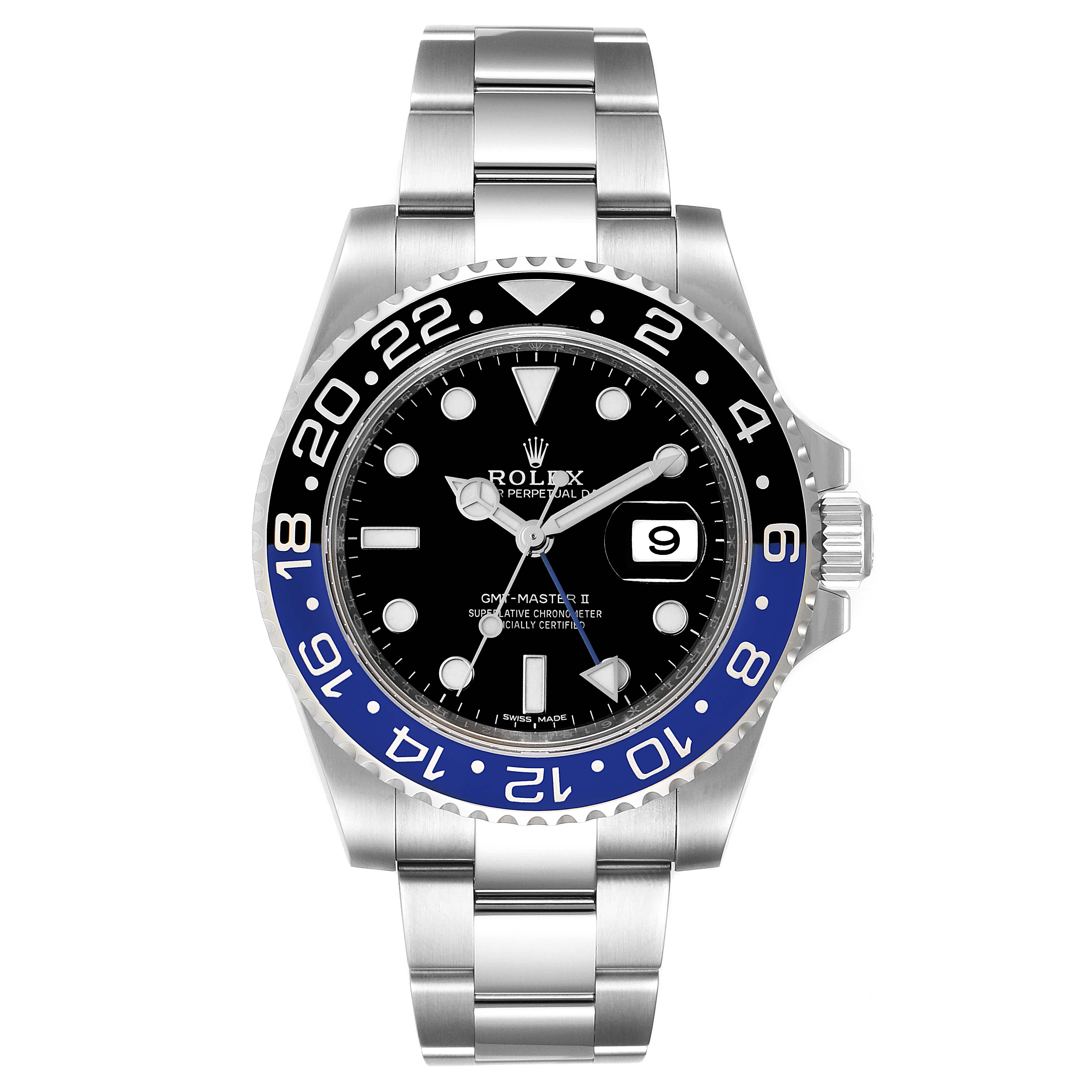 This image shows a front view of a Rolex GMT-Master 116710 Men's Stainless Steel Black Dial 116710 Men's Stainless Steel Black Dial II watch, highlighting its bezel, dial, hands, bracelet, and date window.