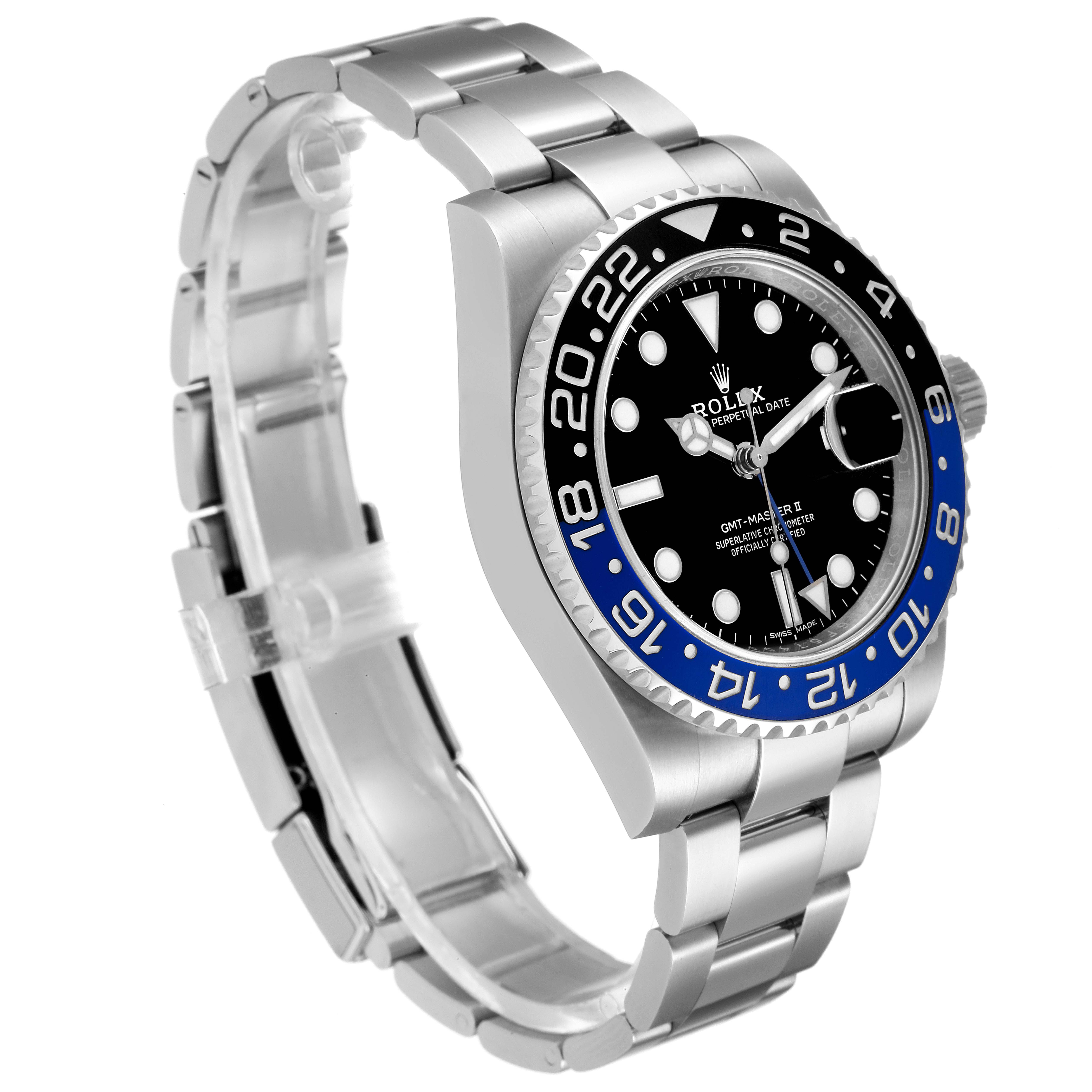 The image shows a side angle view of the Rolex GMT-Master 116710 Men's Stainless Steel Black Dial 116710 Men's Stainless Steel Black Dial watch, highlighting its bezel, dial, and bracelet.