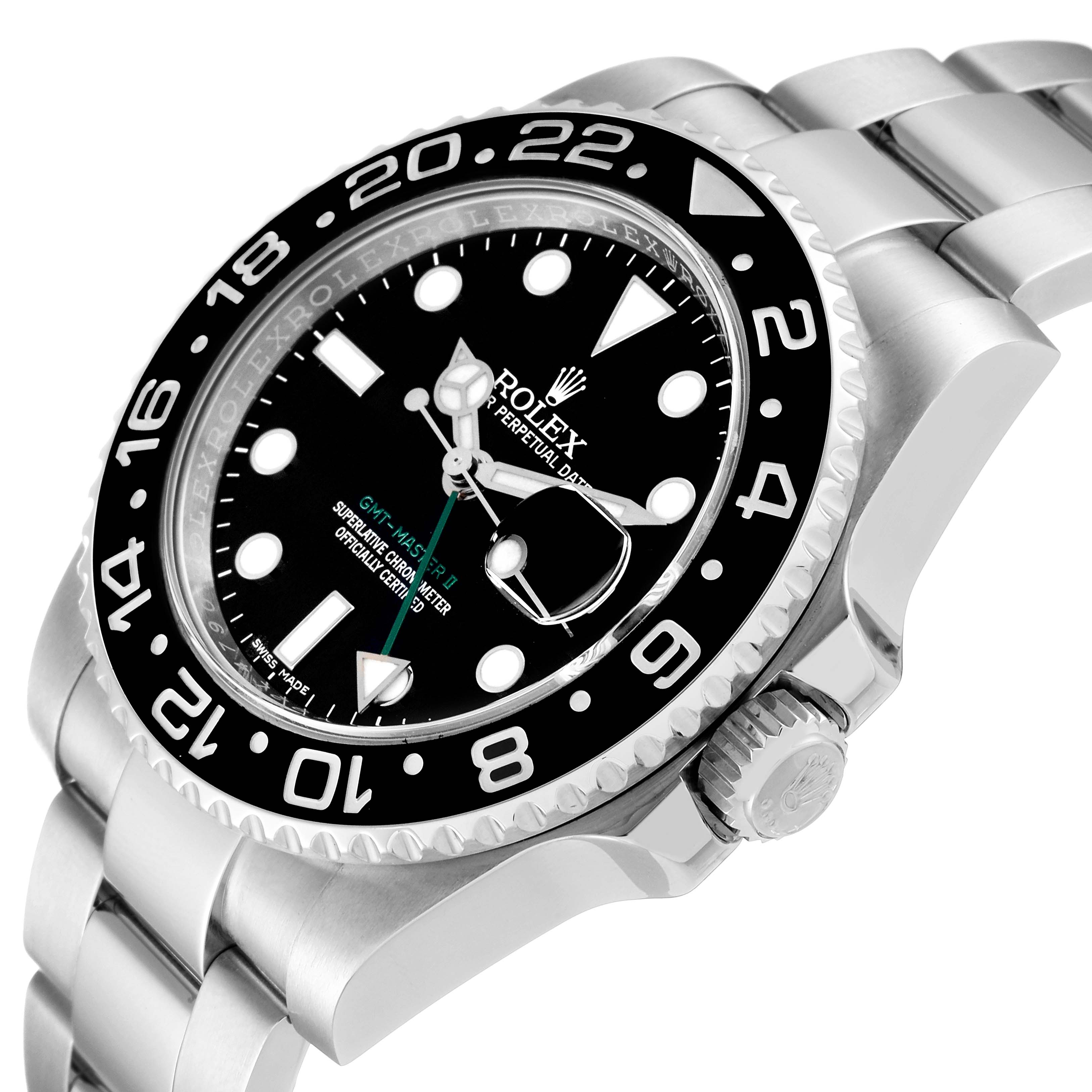 The Rolex GMT-Master 116710 Men
s Stainless Steel Black Dial 116710 Men
s Stainless Steel Black Dial watch is shown at an angled view, displaying the bezel, dial, hands, crown, and part of the bracelet.
