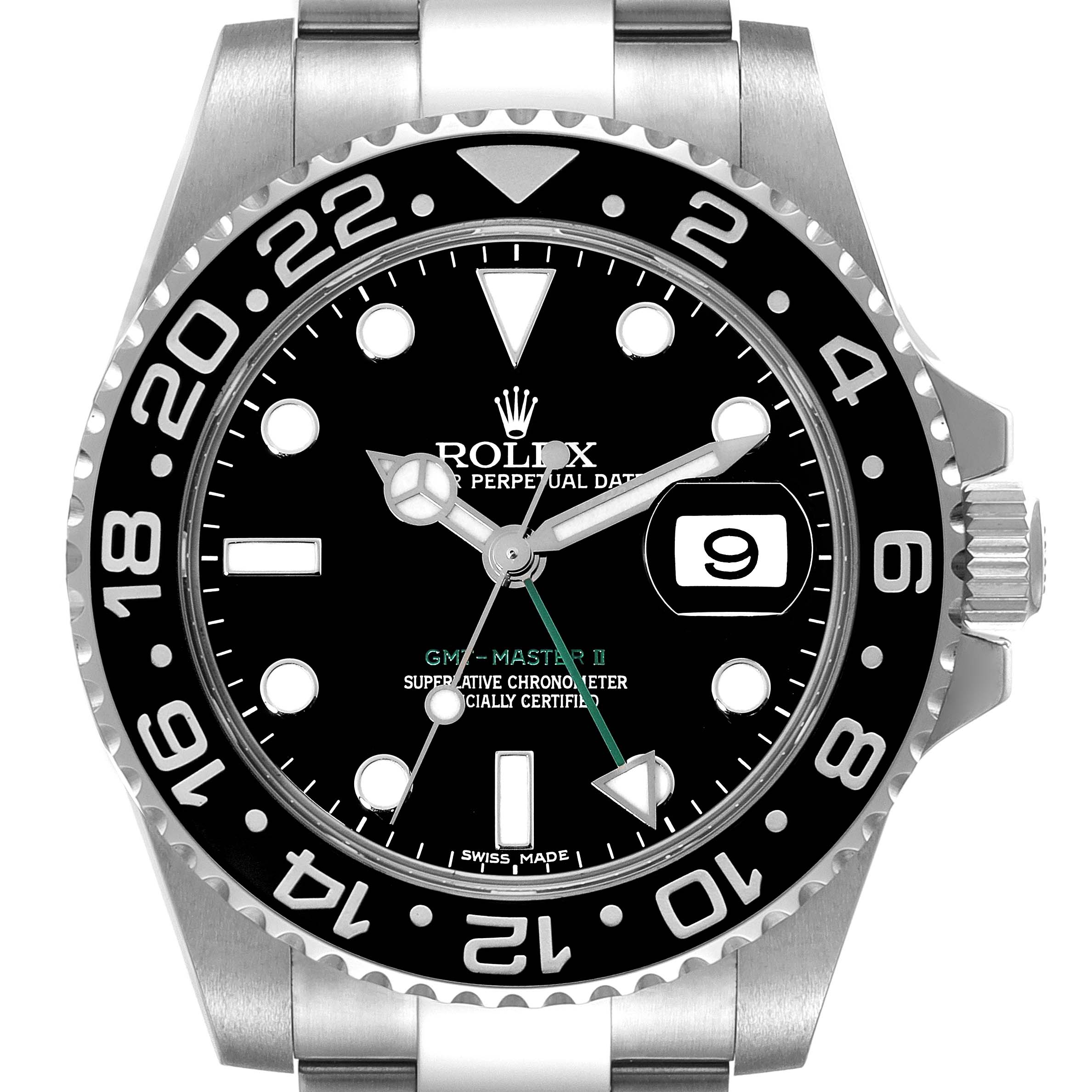 The image shows a front view of the Rolex GMT-Master 116710 Men
s Stainless Steel Black Dial 116710 Men
s Stainless Steel Black Dial II, highlighting the bezel, dial, hands, and date feature.