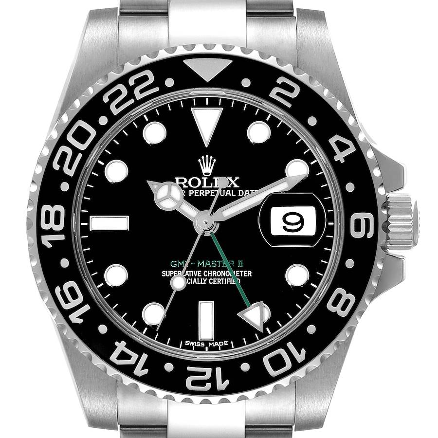 The image shows a front view of the Rolex GMT-Master II, highlighting the bezel, dial, hands, and date feature.