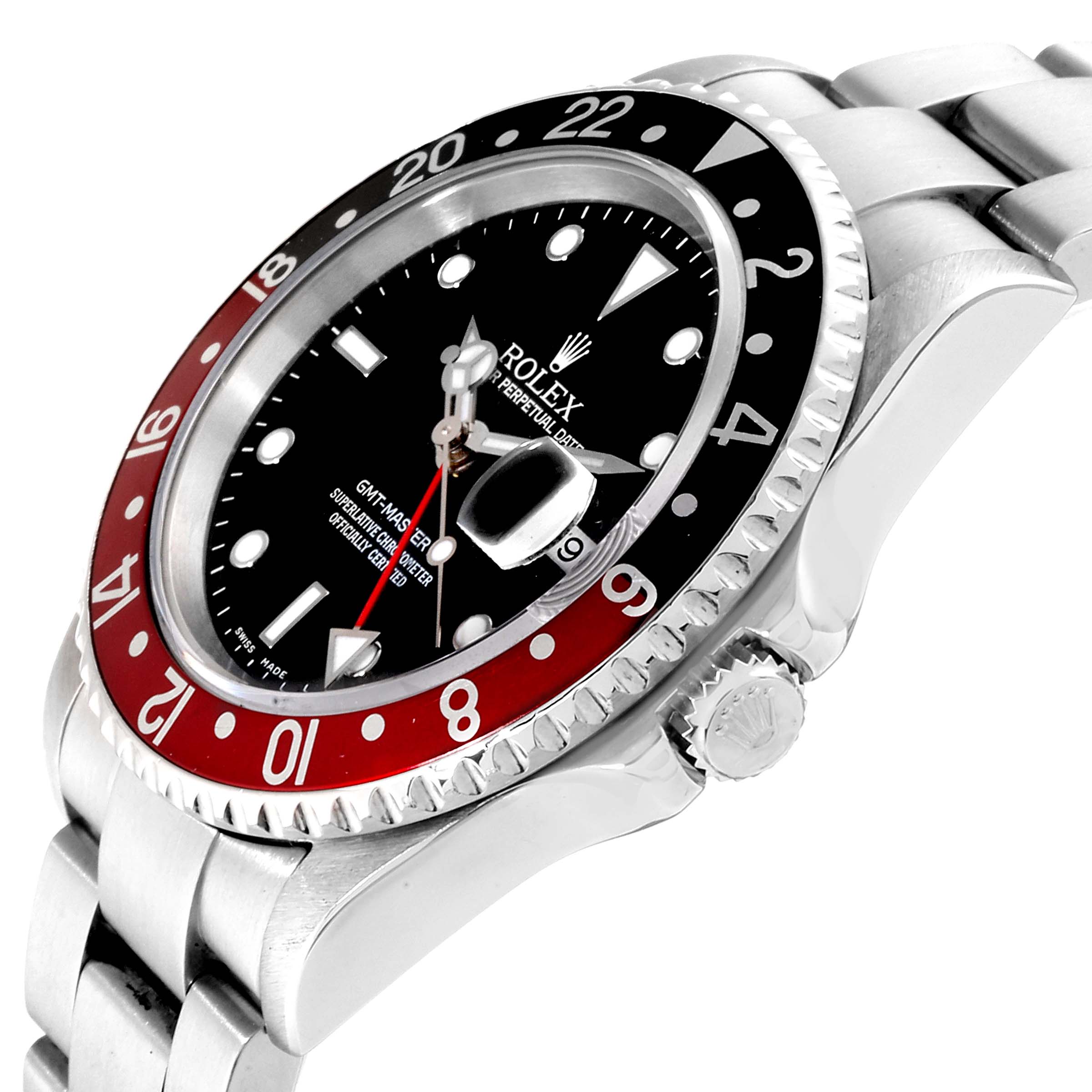 This image shows a side angle of the Rolex GMT-Master 16710 Men's Stainless Steel Black Dial 16710 Men's Stainless Steel Black Dial watch, featuring the bezel, crown, and part of the bracelet.