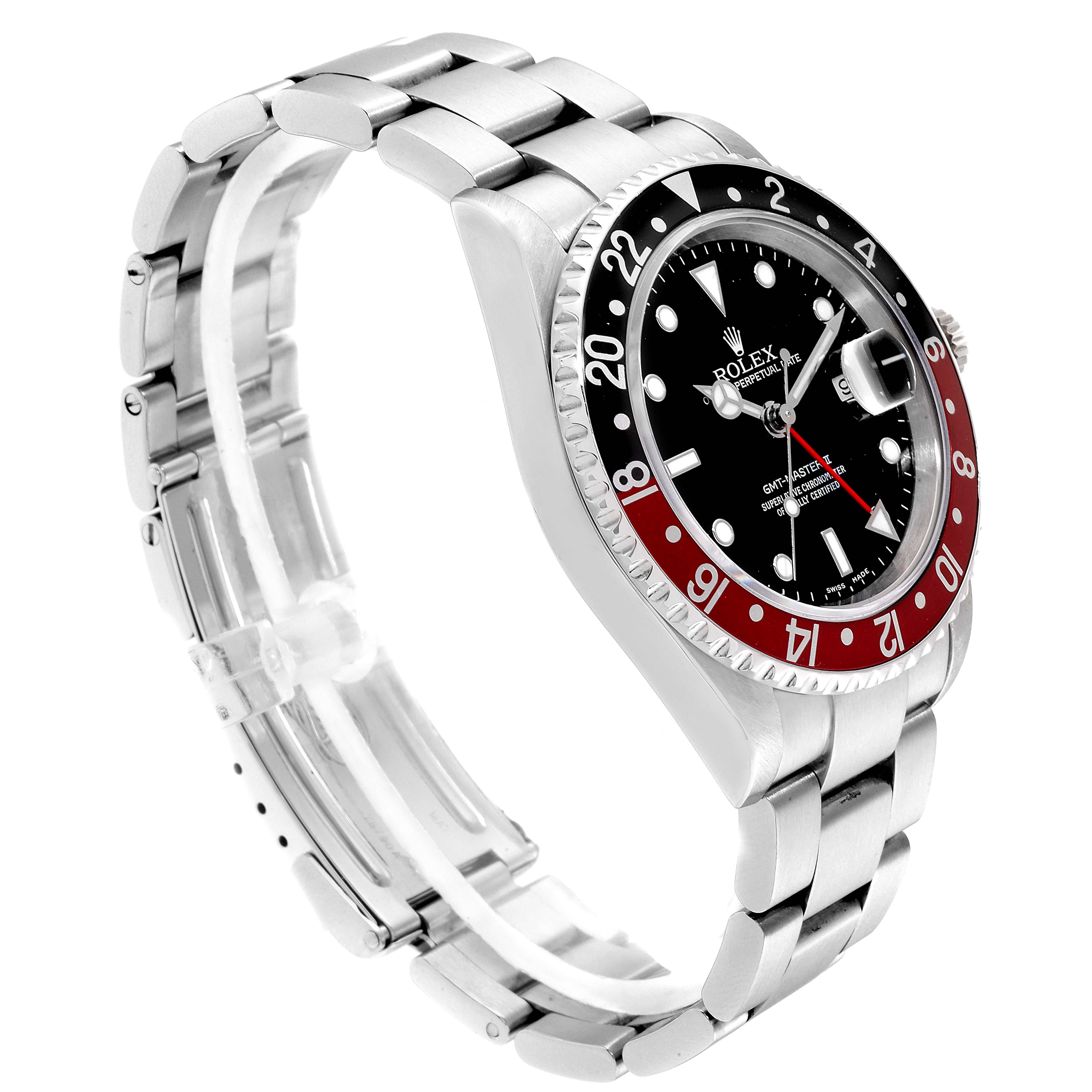 The image shows a side-angle view of a Rolex GMT-Master 16710 Men's Stainless Steel Black Dial 16710 Men's Stainless Steel Black Dial watch, highlighting its bezel, dial, and metal bracelet.