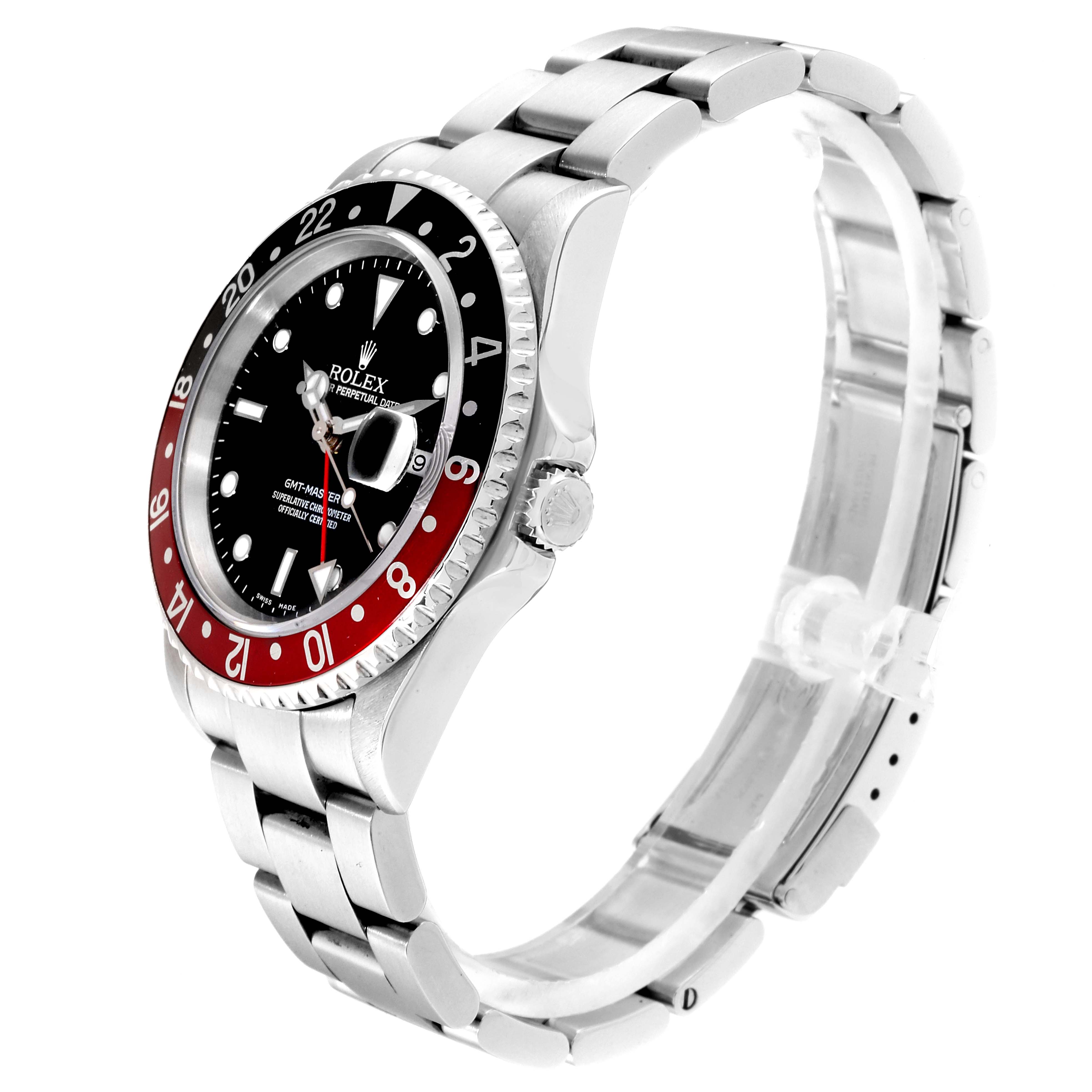 This image shows a side angle of the Rolex GMT-Master 16710 Men's Stainless Steel Black Dial 16710 Men's Stainless Steel Black Dial watch, highlighting its bezel, dial, and bracelet.