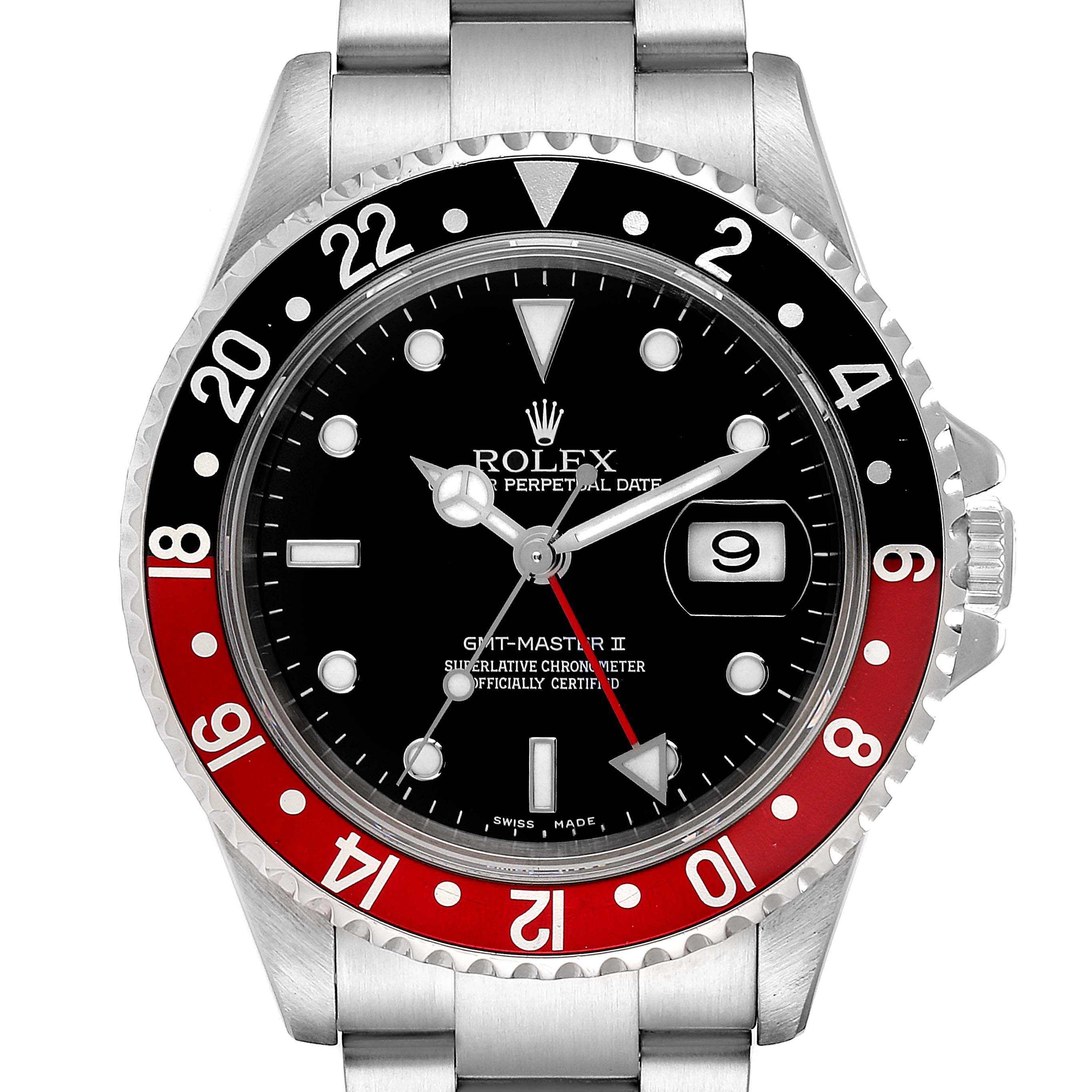 This image shows a front view of the Rolex GMT-Master 16710 Men's Stainless Steel Black Dial 16710 Men's Stainless Steel Black Dial II watch, highlighting its dial, bezel, and bracelet.