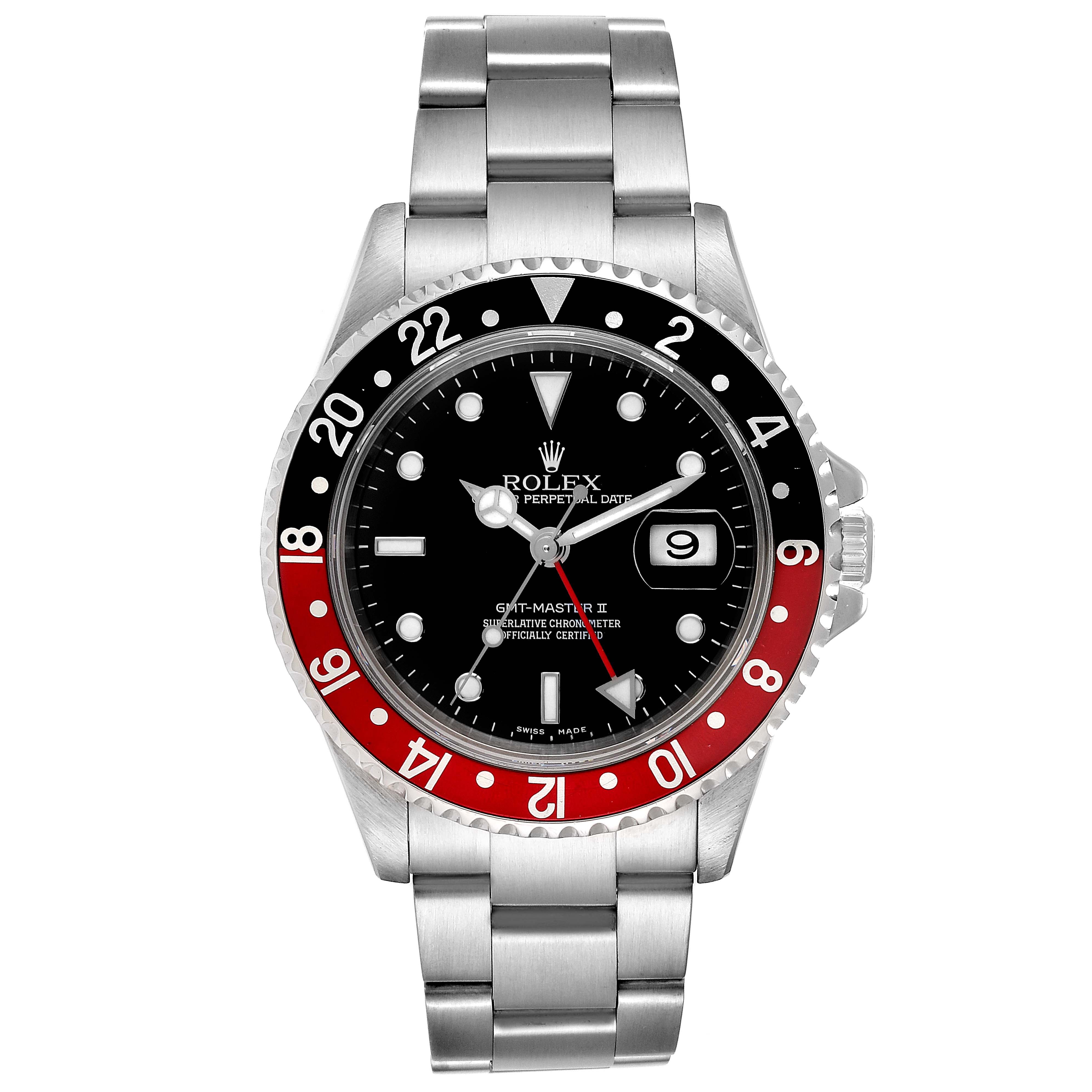 The image shows a front view of a Rolex GMT-Master 16710 Men's Stainless Steel Black Dial 16710 Men's Stainless Steel Black Dial II watch with a red and black bezel and a stainless steel bracelet.