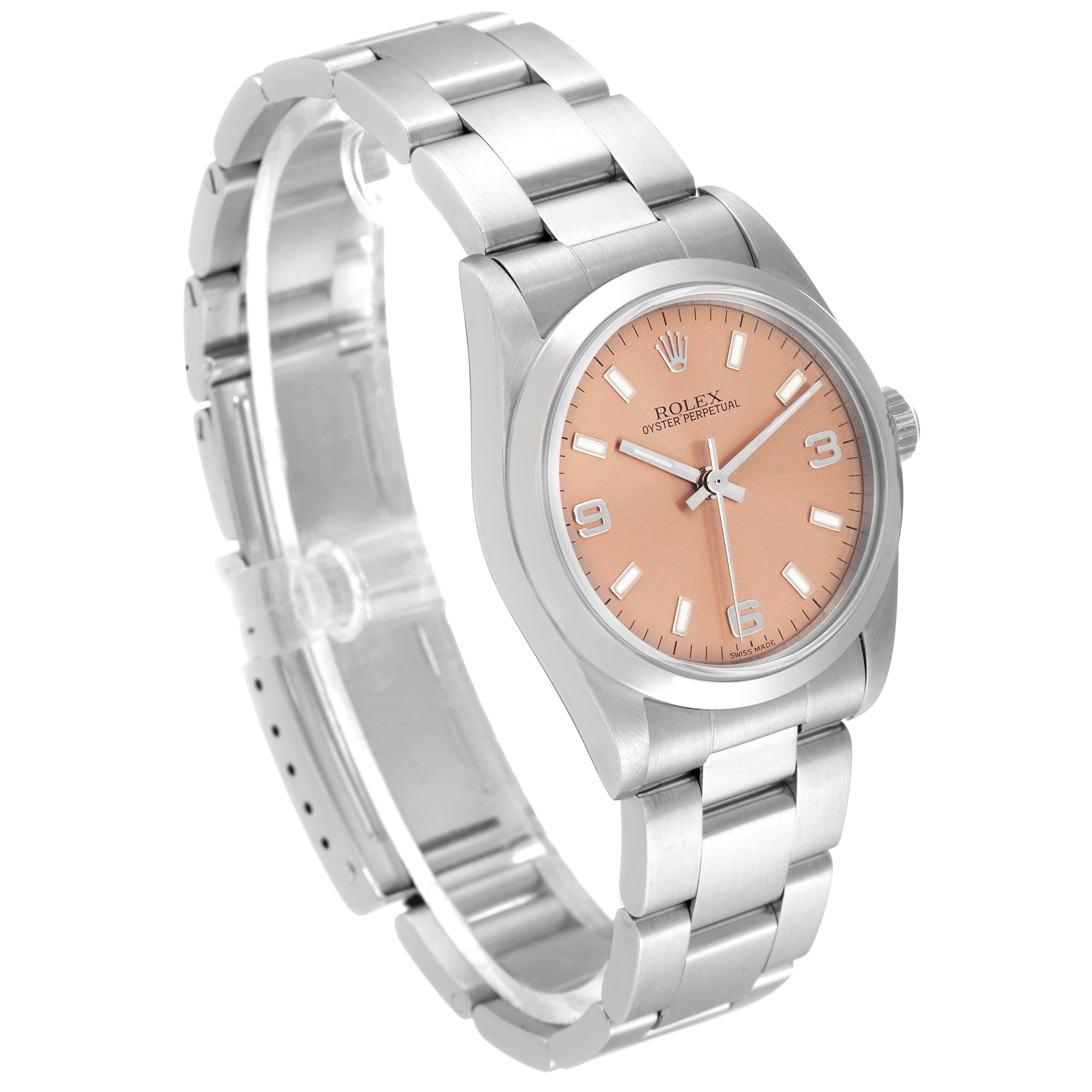 The image shows a Mid-Size Rolex watch at a three-quarter angle, displaying the dial, bezel, and bracelet.