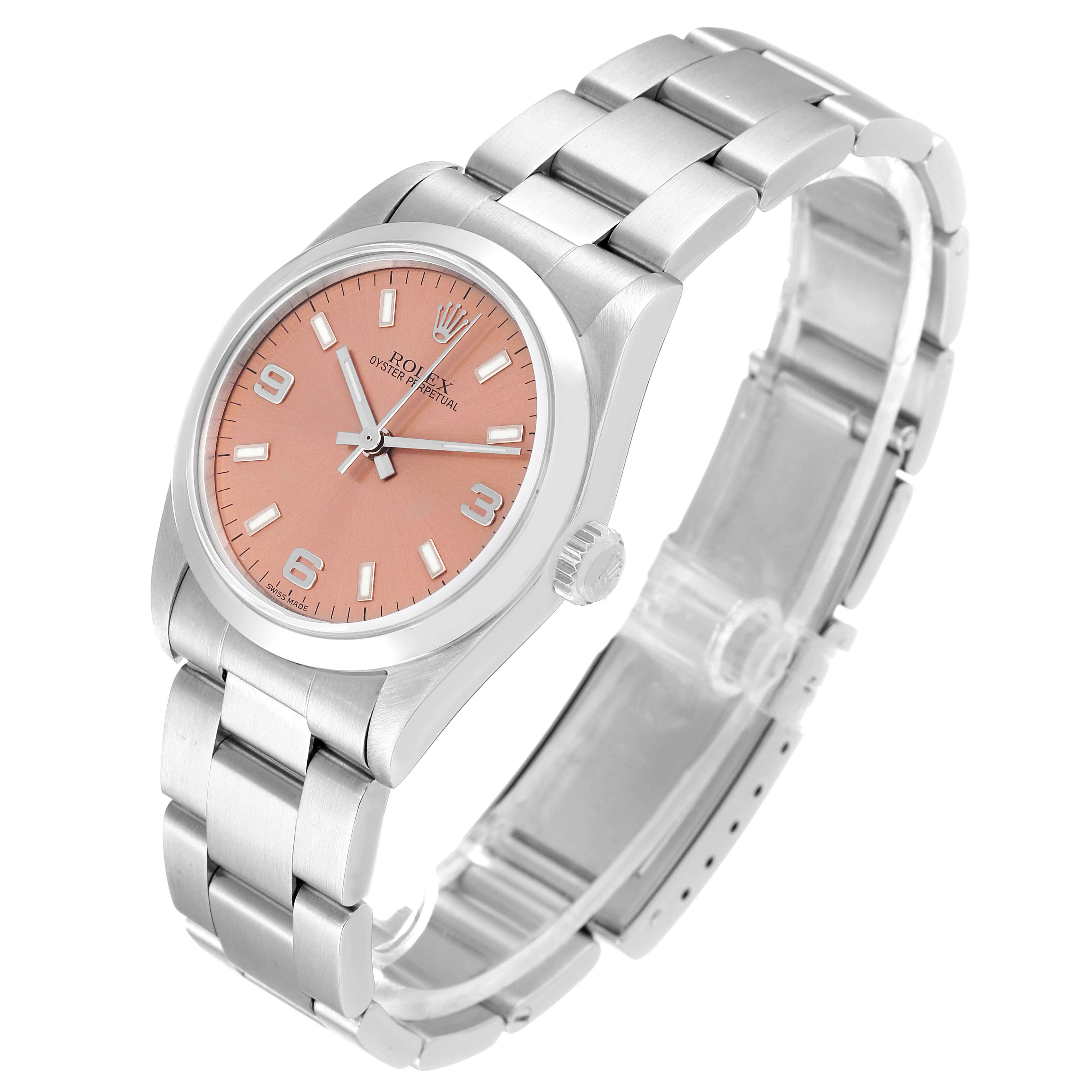 The Rolex Mid-Size 77080 Women
s Stainless Steel Pink Dial 77080 Women
s Stainless Steel Pink Dial watch is shown at a three-quarter angle, highlighting the watch face, bracelet, and crown.