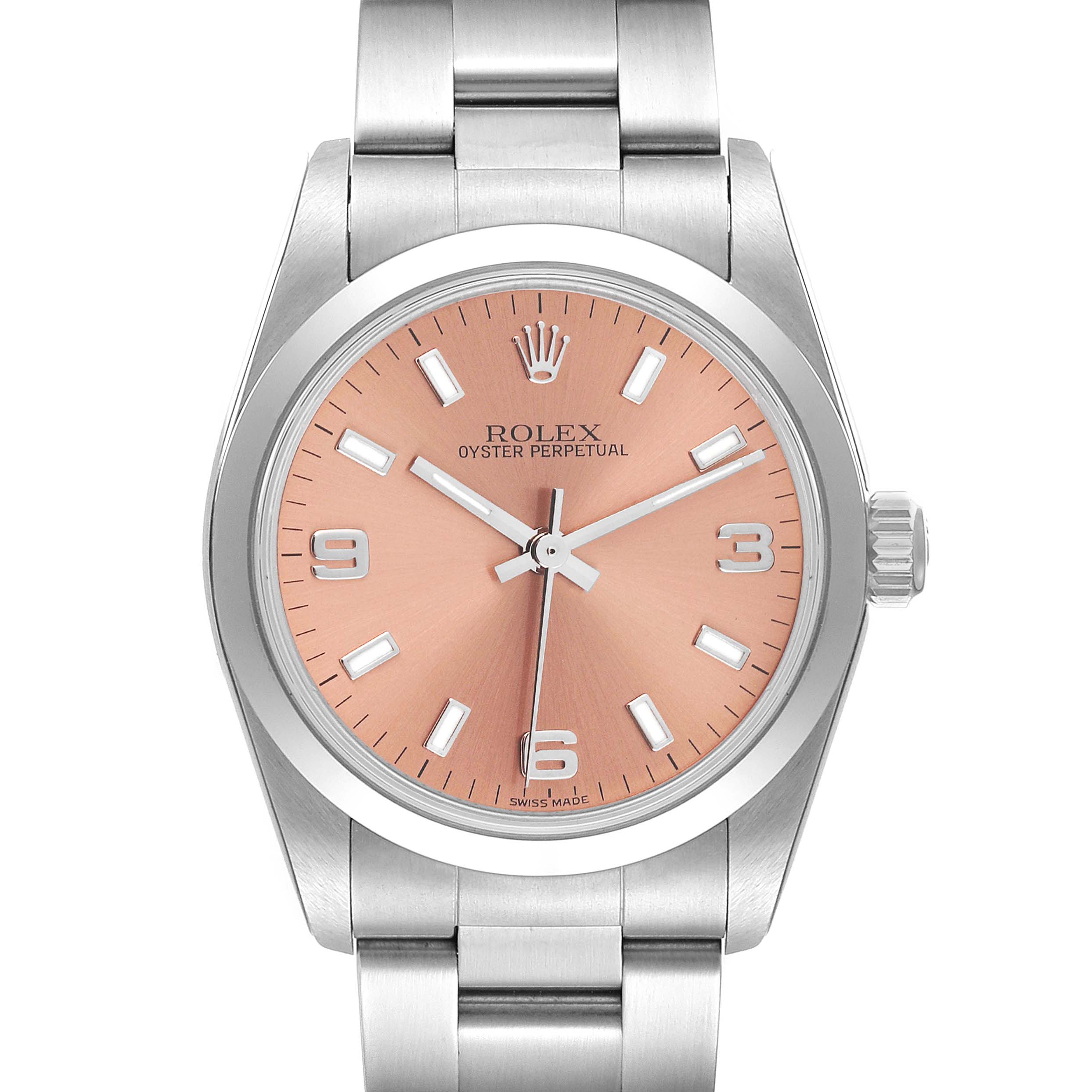 The image shows a Rolex Oyster Perpetual Mid-Size model from a front angle, displaying the dial, bezel, and part of the bracelet.