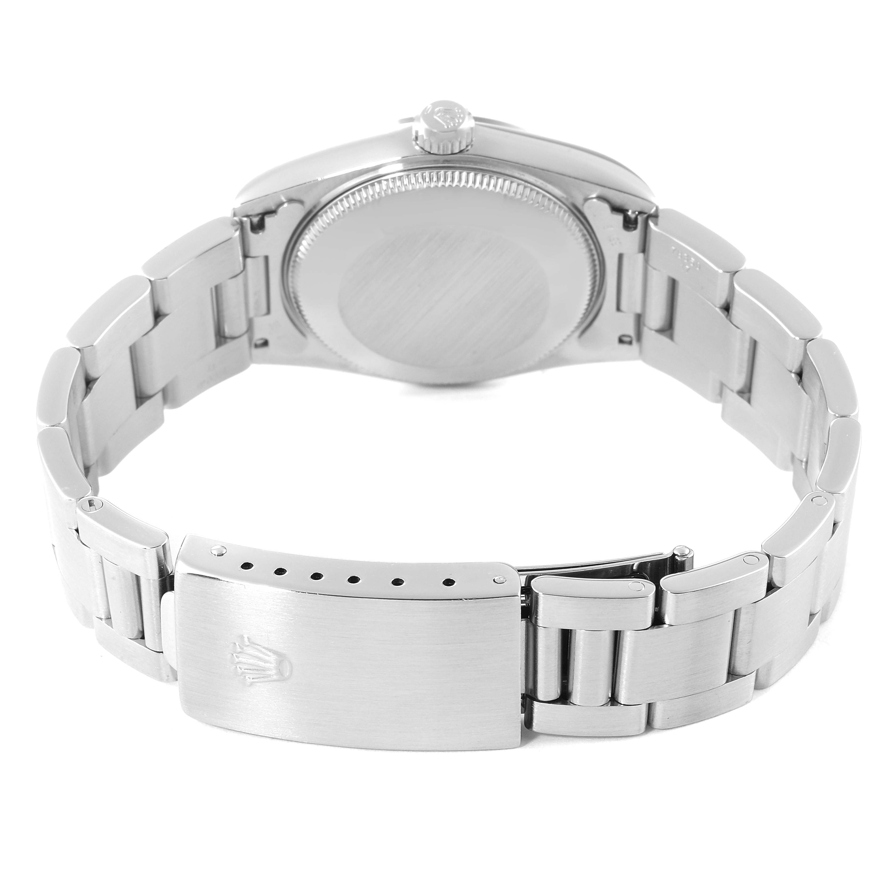 The image shows the back case and bracelet clasp of a Mid-Size Rolex watch, viewed from the back side.