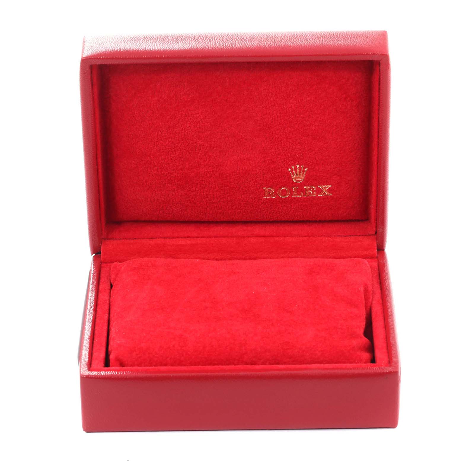 The image shows an open, red Rolex watch box with the brand logo and name, intended for a mid-size model.