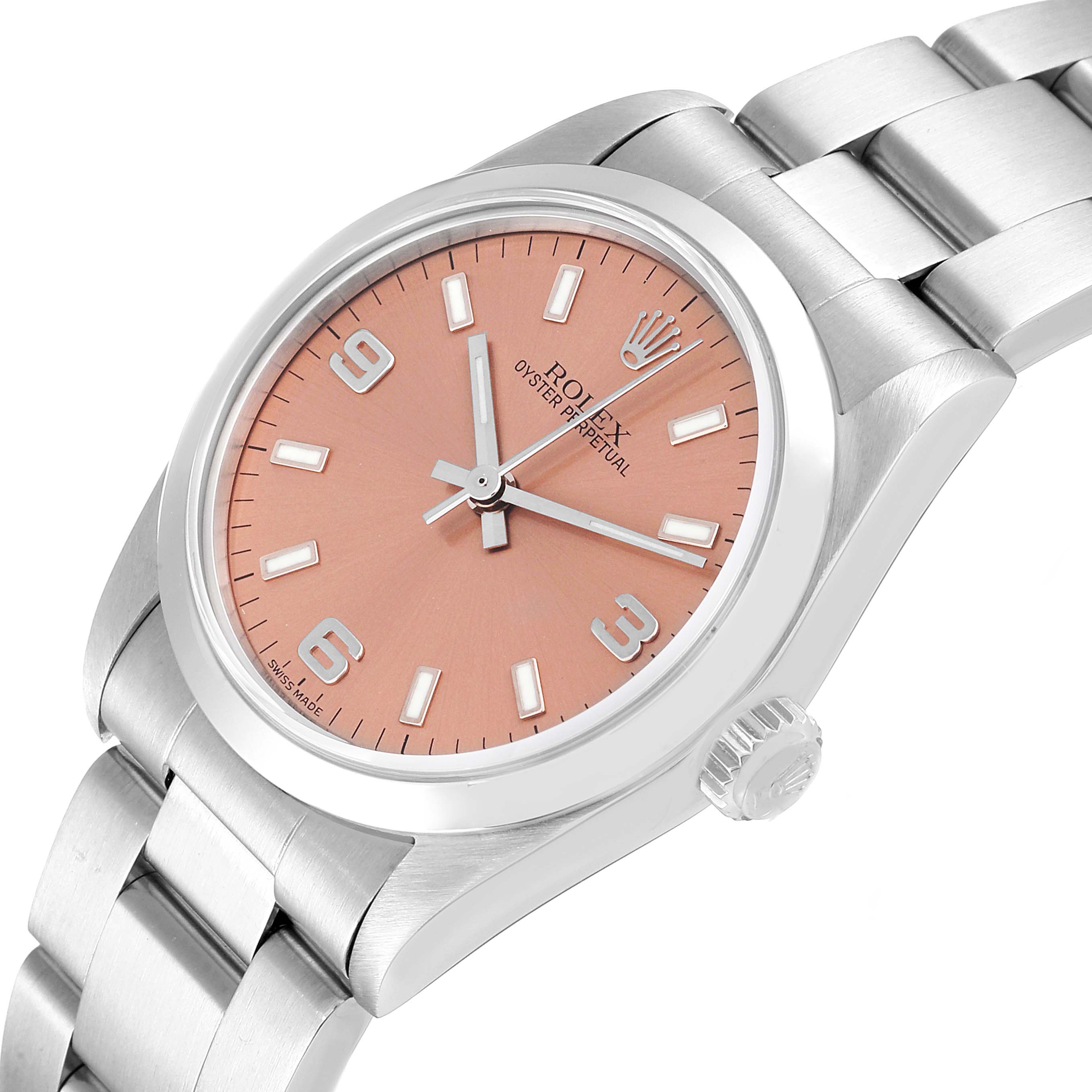 The image shows a front-angle view of the Rolex Oyster Perpetual Mid-Size watch with a pink dial and stainless steel bracelet.