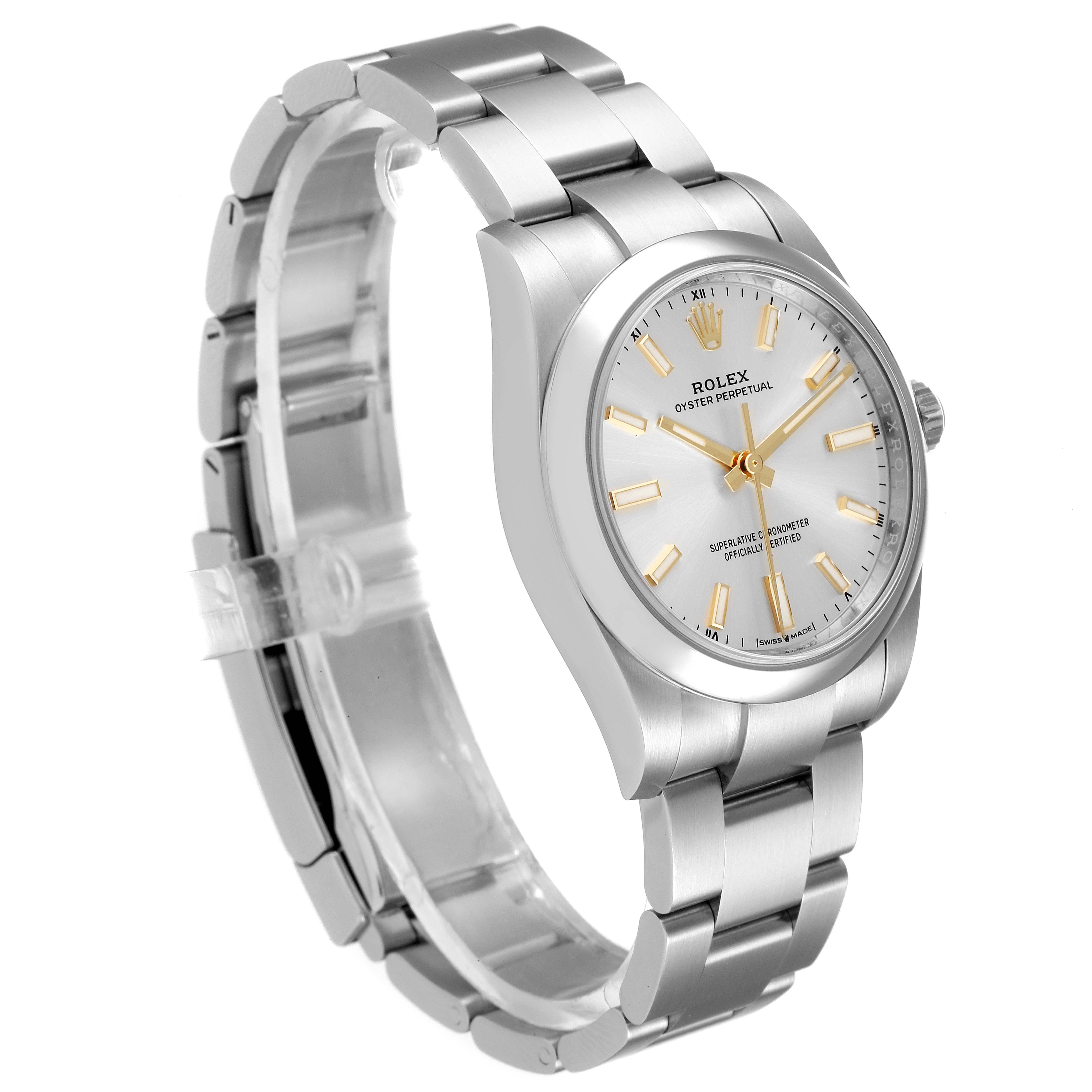 The image shows a Rolex Oyster Perpetual 124200 Men's Stainless Steel Silver Dial 124200 Men's Stainless Steel Silver Dial watch from a three-quarter angle, highlighting the bracelet, case, and dial.