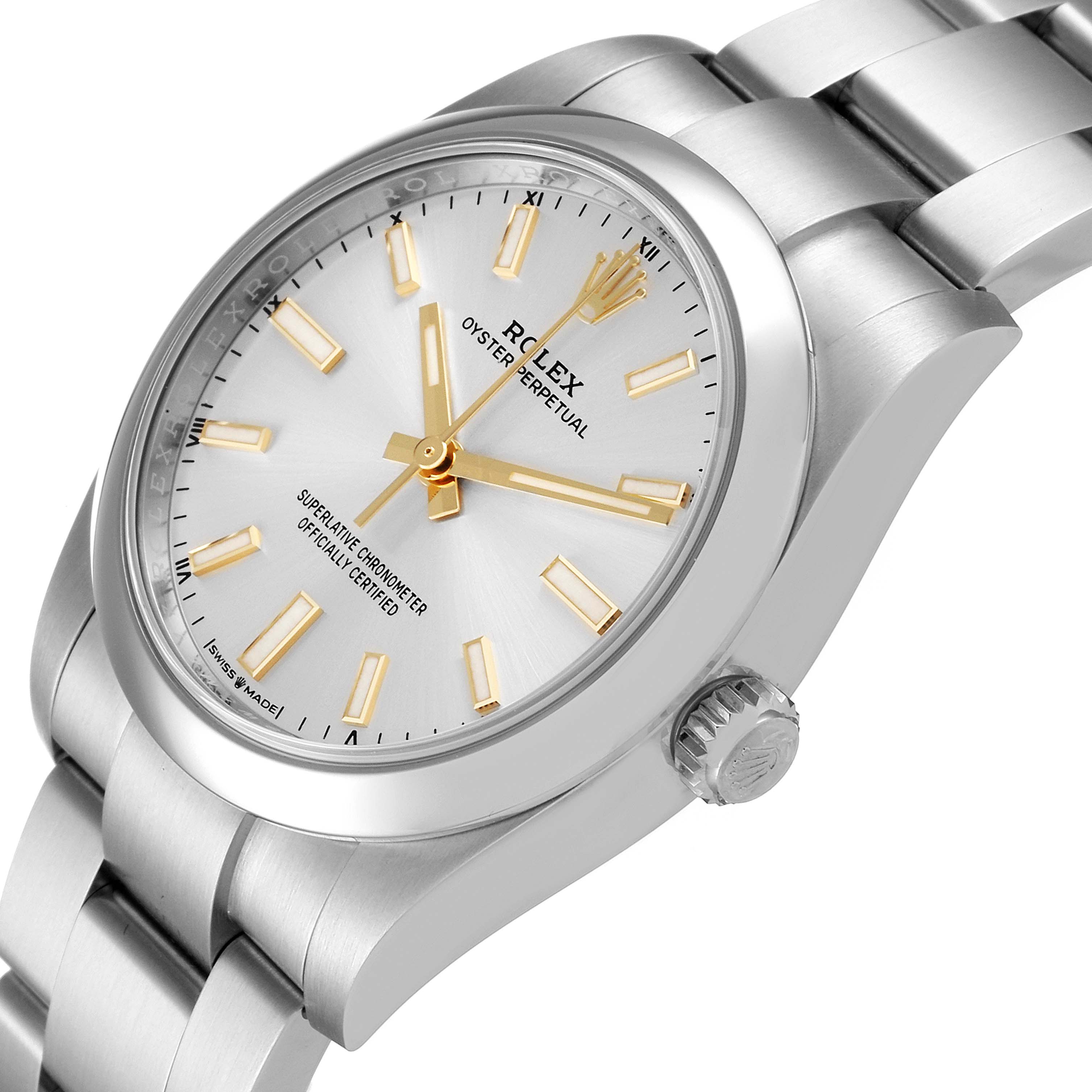 The image shows a side angle view of a Rolex Oyster Perpetual 124200 Men's Stainless Steel Silver Dial 124200 Men's Stainless Steel Silver Dial watch highlighting the face, bezel, crown, and part of the bracelet.