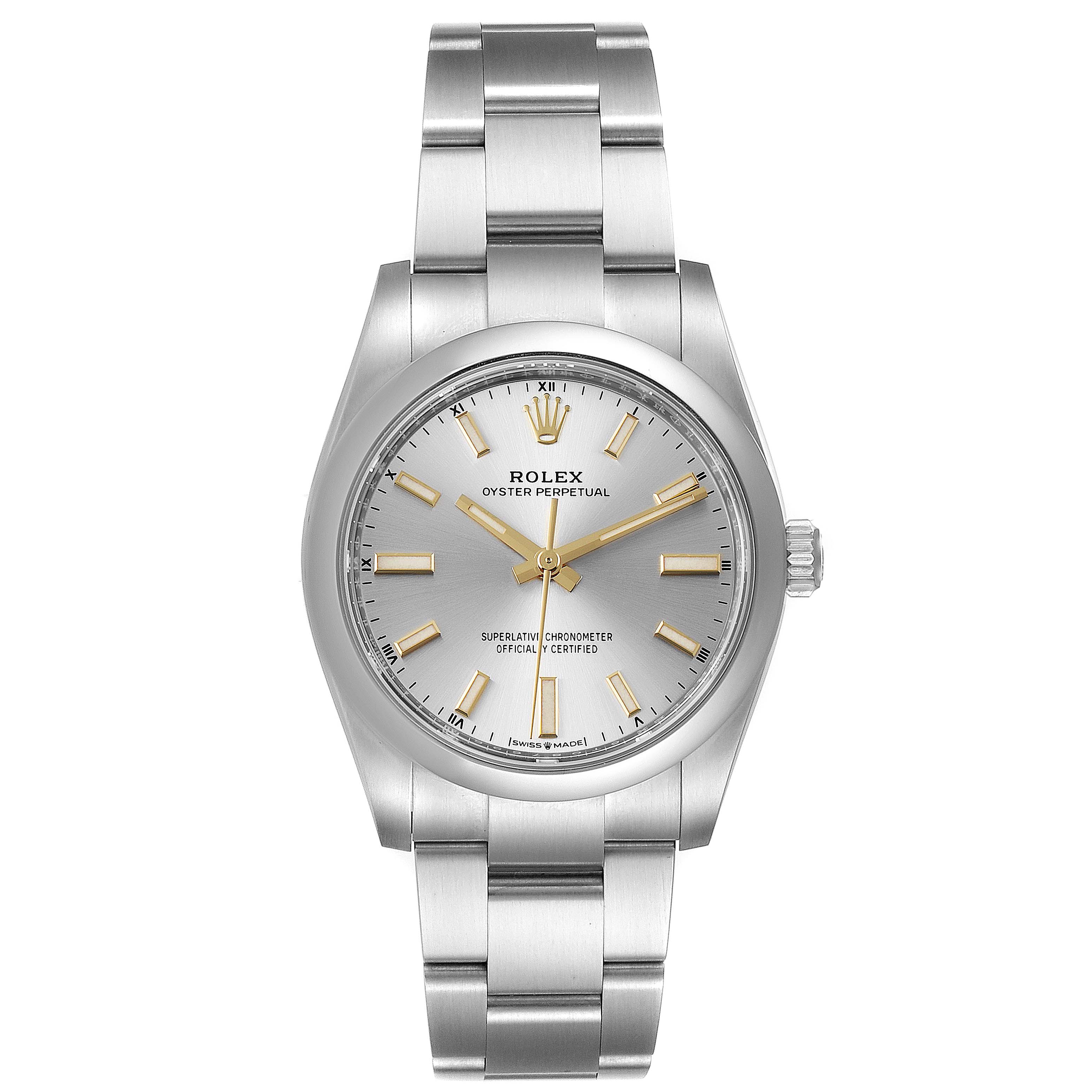 The image shows a front view of a Rolex Oyster Perpetual 124200 Men's Stainless Steel Silver Dial 124200 Men's Stainless Steel Silver Dial watch displaying the dial, case, and bracelet.