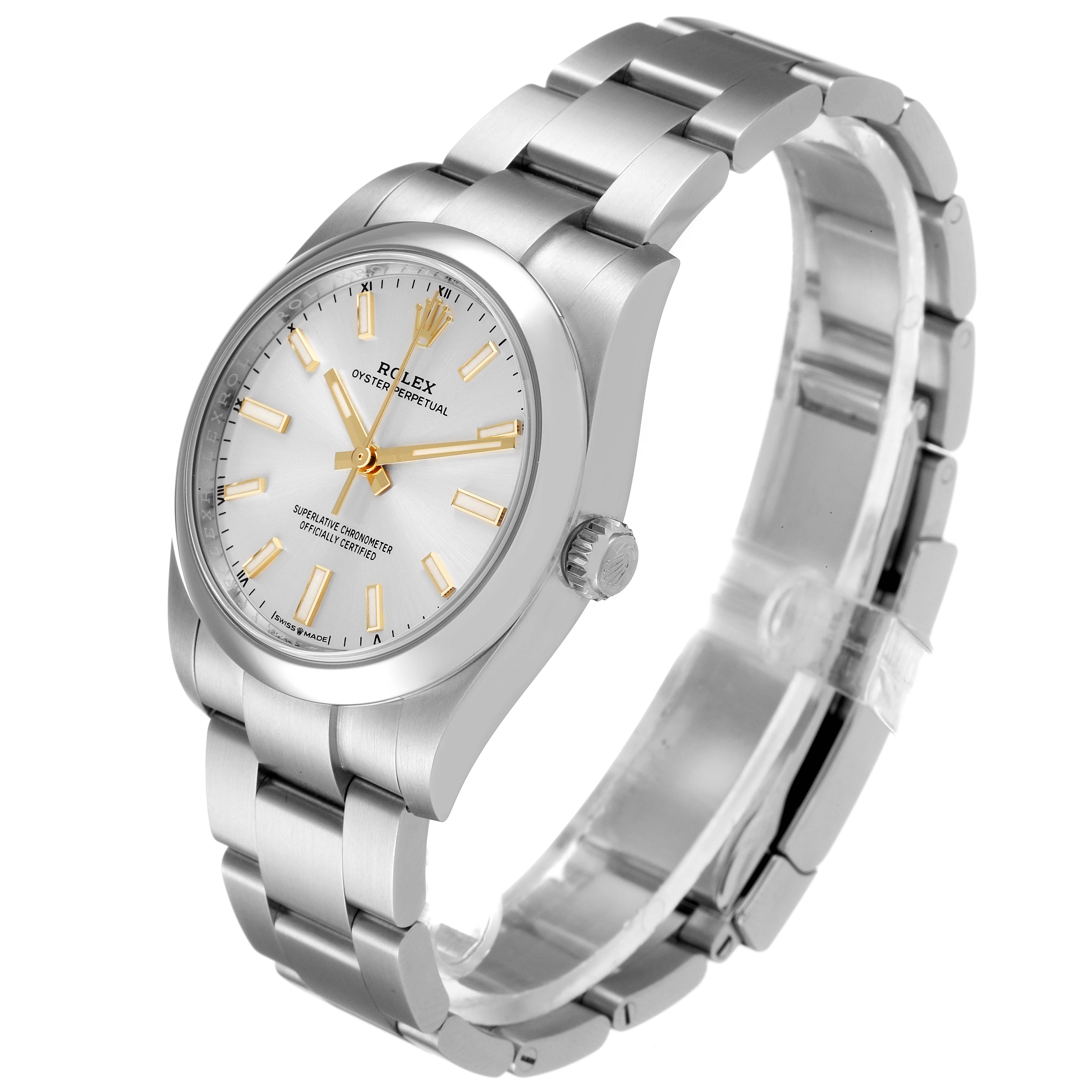 This image shows a Rolex Oyster Perpetual 124200 Men's Stainless Steel Silver Dial 124200 Men's Stainless Steel Silver Dial watch, angled from the front-left, displaying the face, bezel, case, crown, and bracelet.