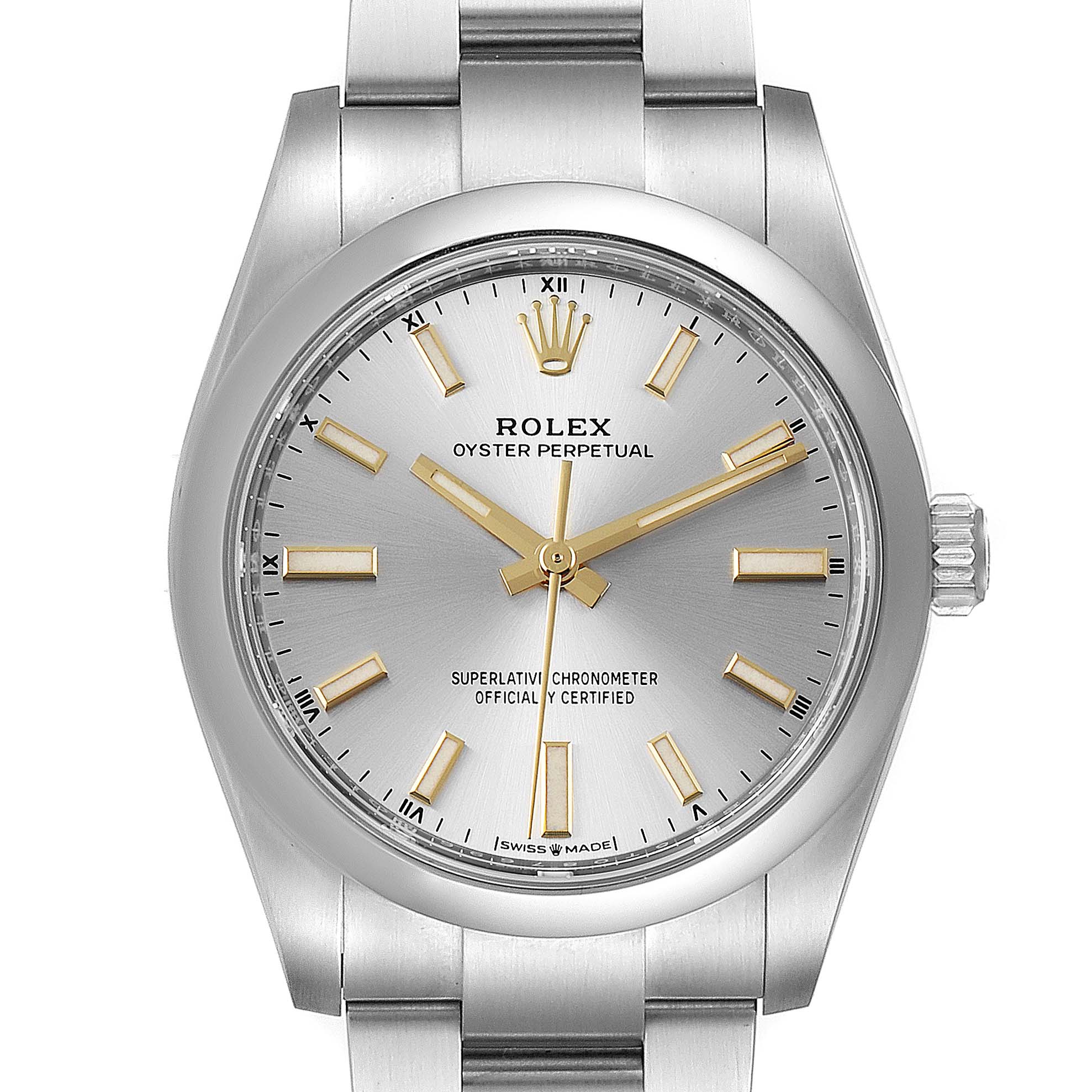 The image shows a front view of the Rolex Oyster Perpetual 124200 Men's Stainless Steel Silver Dial 124200 Men's Stainless Steel Silver Dial watch, displaying its face, hands, markers, and part of the bracelet.