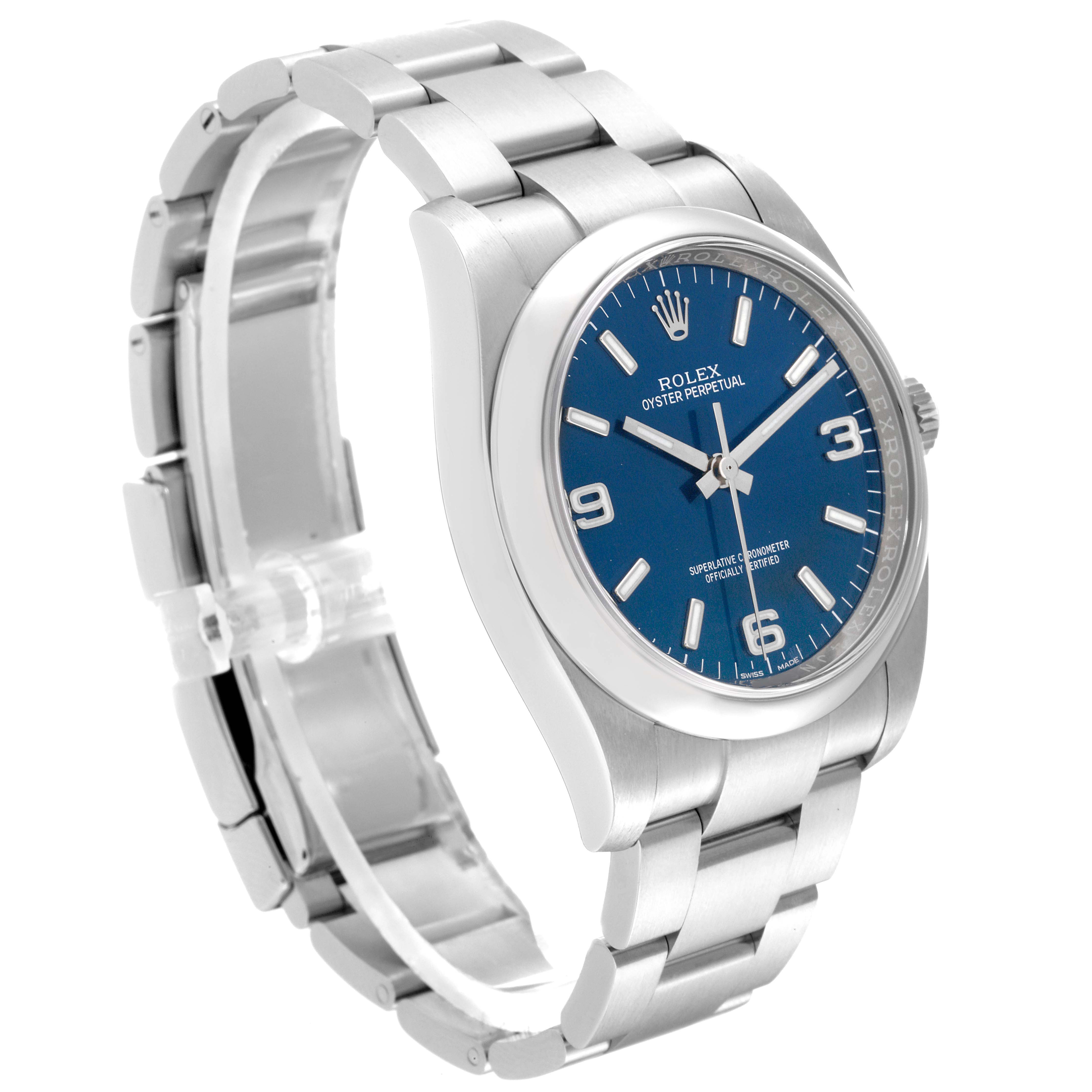 The image shows a side view of a Rolex Oyster Perpetual 116000 Men
s Stainless Steel Blue Dial 116000 Men
s Stainless Steel Blue Dial watch, highlighting its blue dial, stainless steel case, and bracelet.