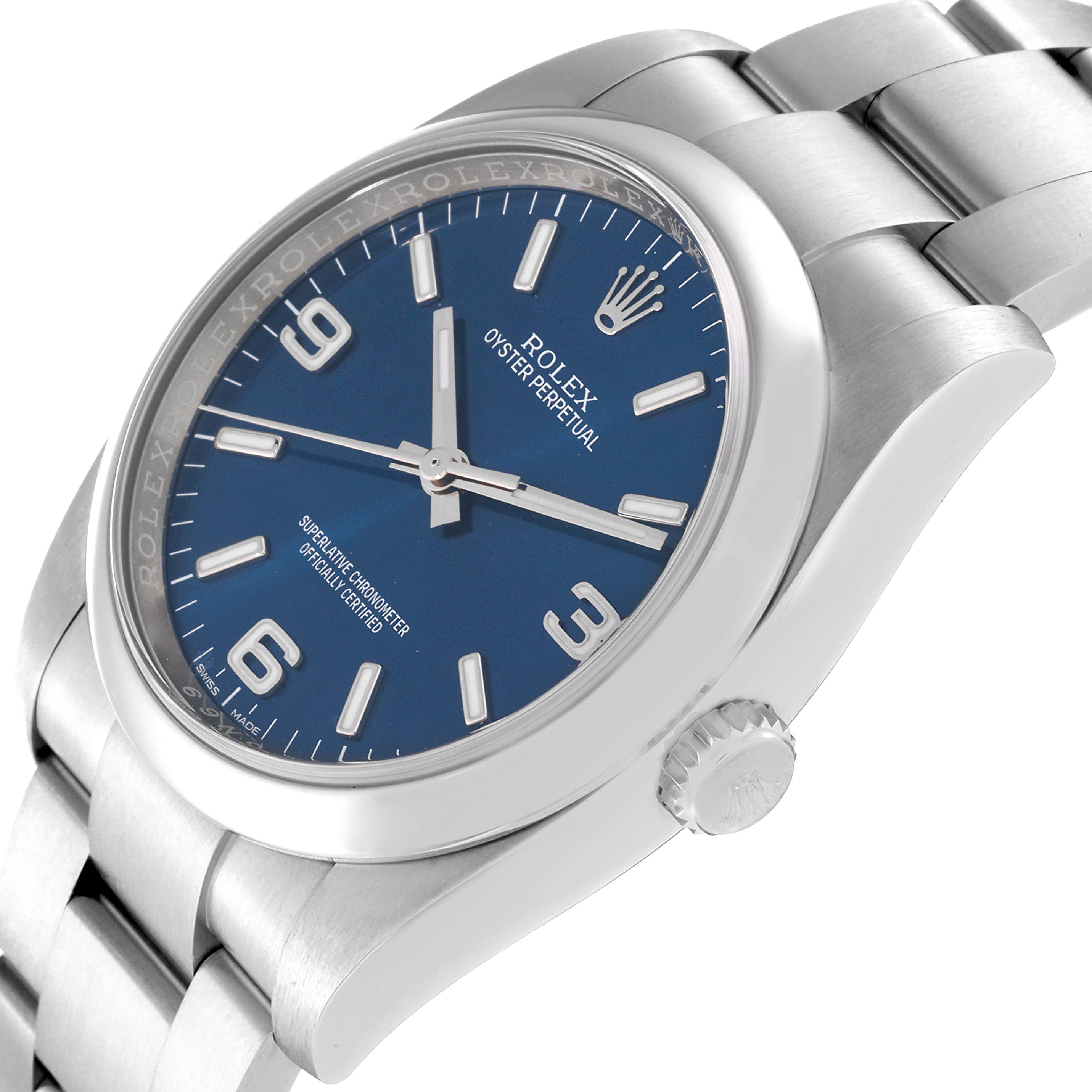This image shows a close-up angle of the Rolex Oyster Perpetual 116000 Men
s Stainless Steel Blue Dial 116000 Men
s Stainless Steel Blue Dial watch, highlighting the dial, case, bracelet, and crown.