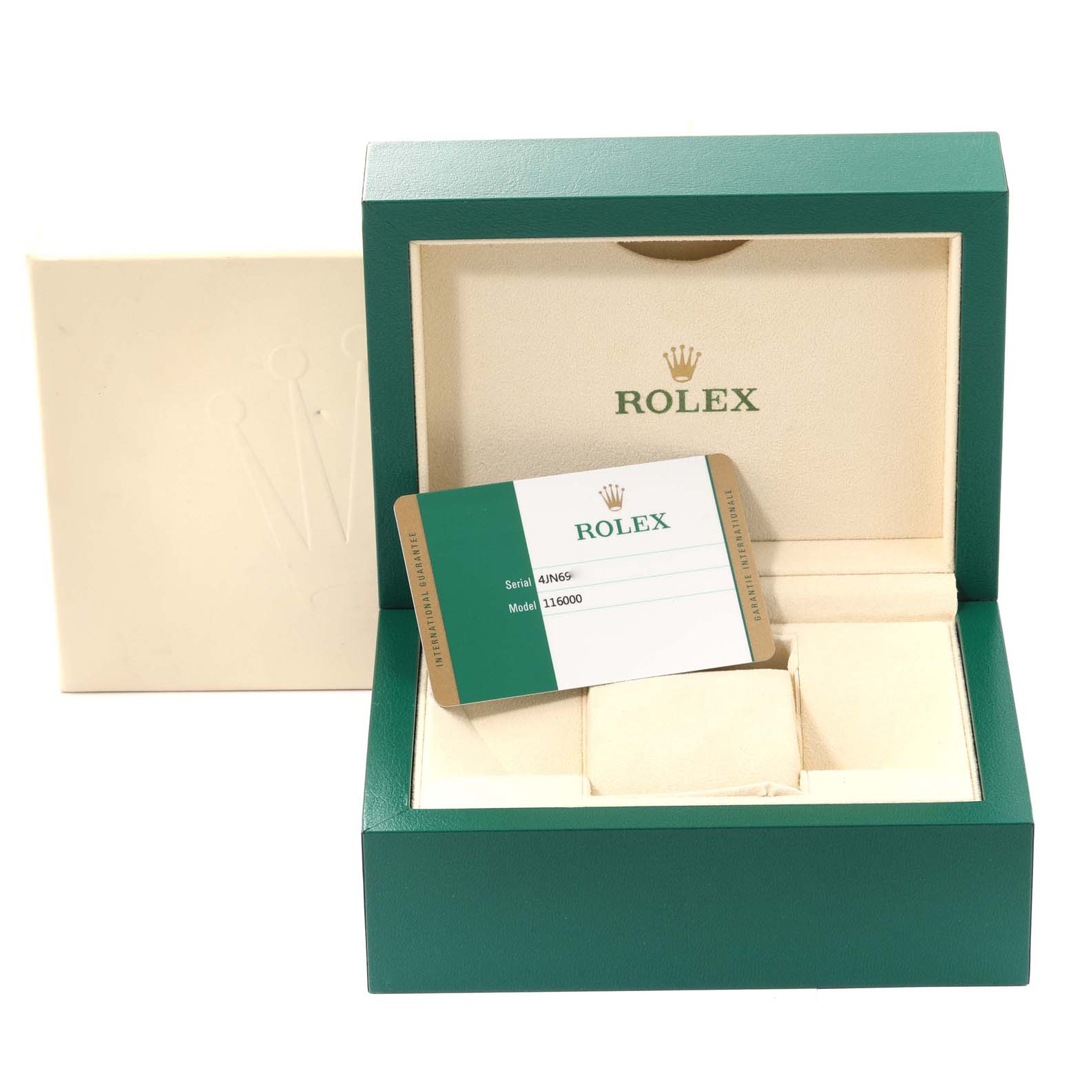 The image shows a green Rolex Oyster Perpetual 116000 Men
s Stainless Steel Blue Dial 116000 Men
s Stainless Steel Blue Dial watch box and warranty card with a visible model number.