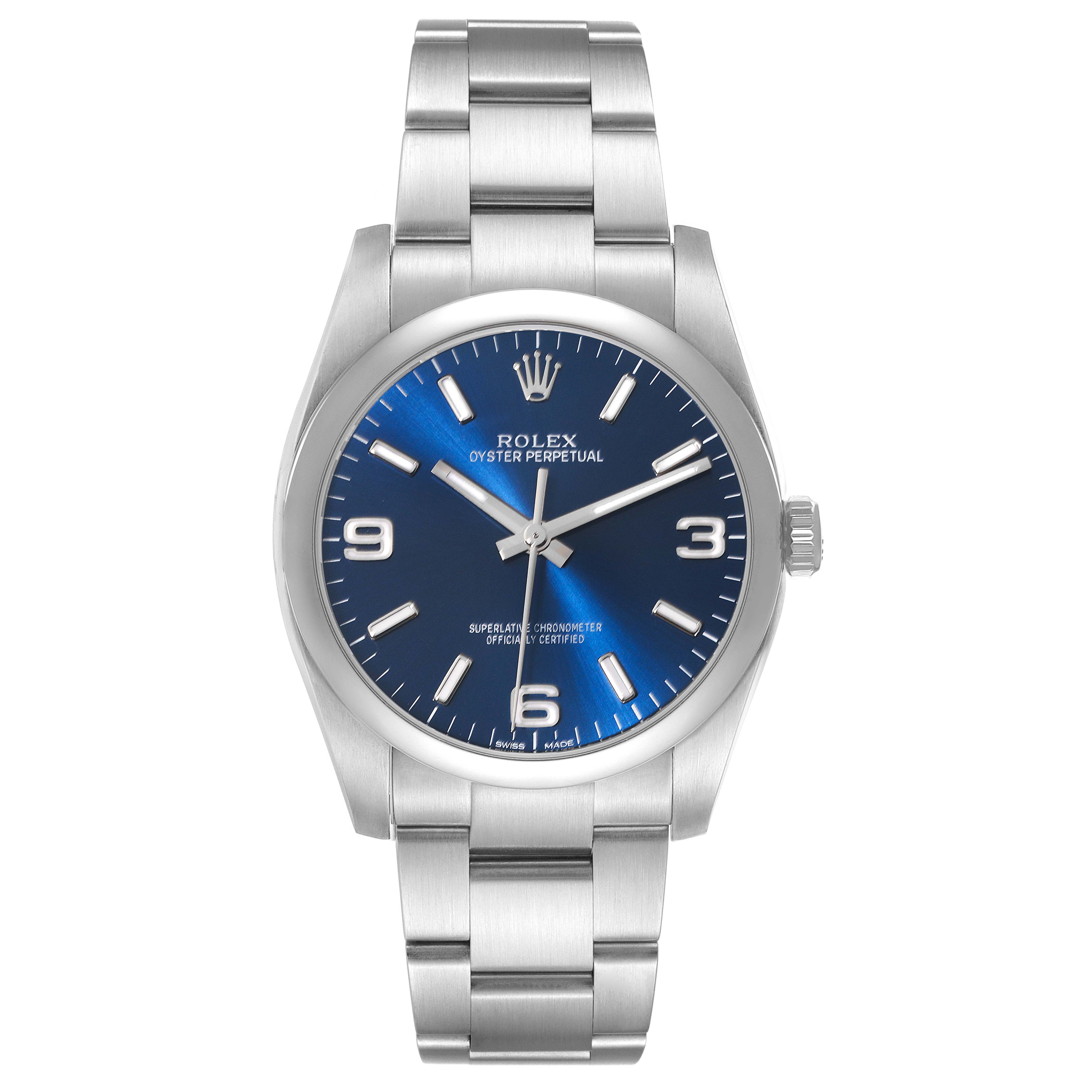 This image shows a front, straight-on view of a Rolex Oyster Perpetual 116000 Men
s Stainless Steel Blue Dial 116000 Men
s Stainless Steel Blue Dial watch, displaying its blue dial and metal bracelet.