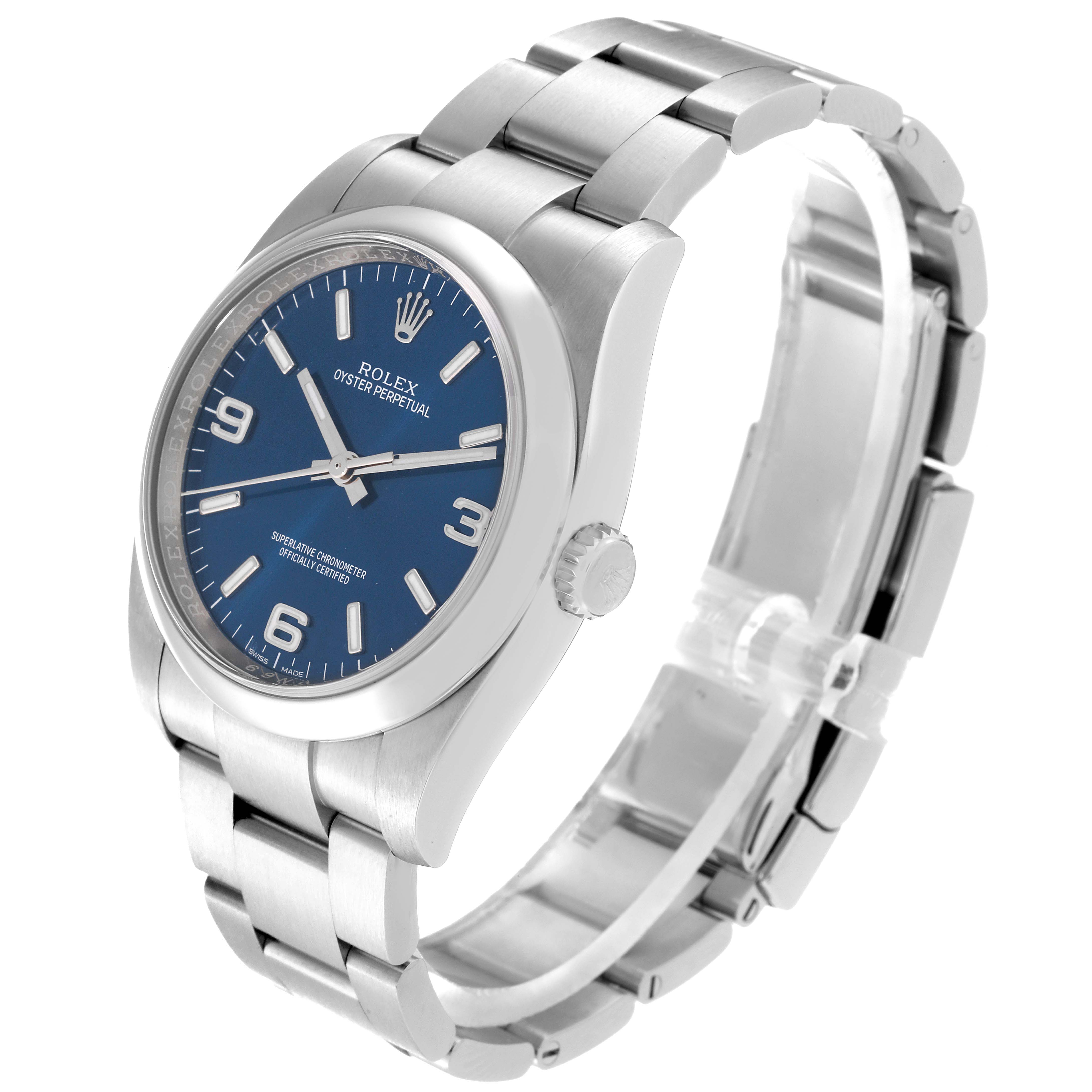 The image shows a Rolex Oyster Perpetual 116000 Men
s Stainless Steel Blue Dial 116000 Men
s Stainless Steel Blue Dial watch from a three-quarter angle, highlighting the blue dial, case, and bracelet.