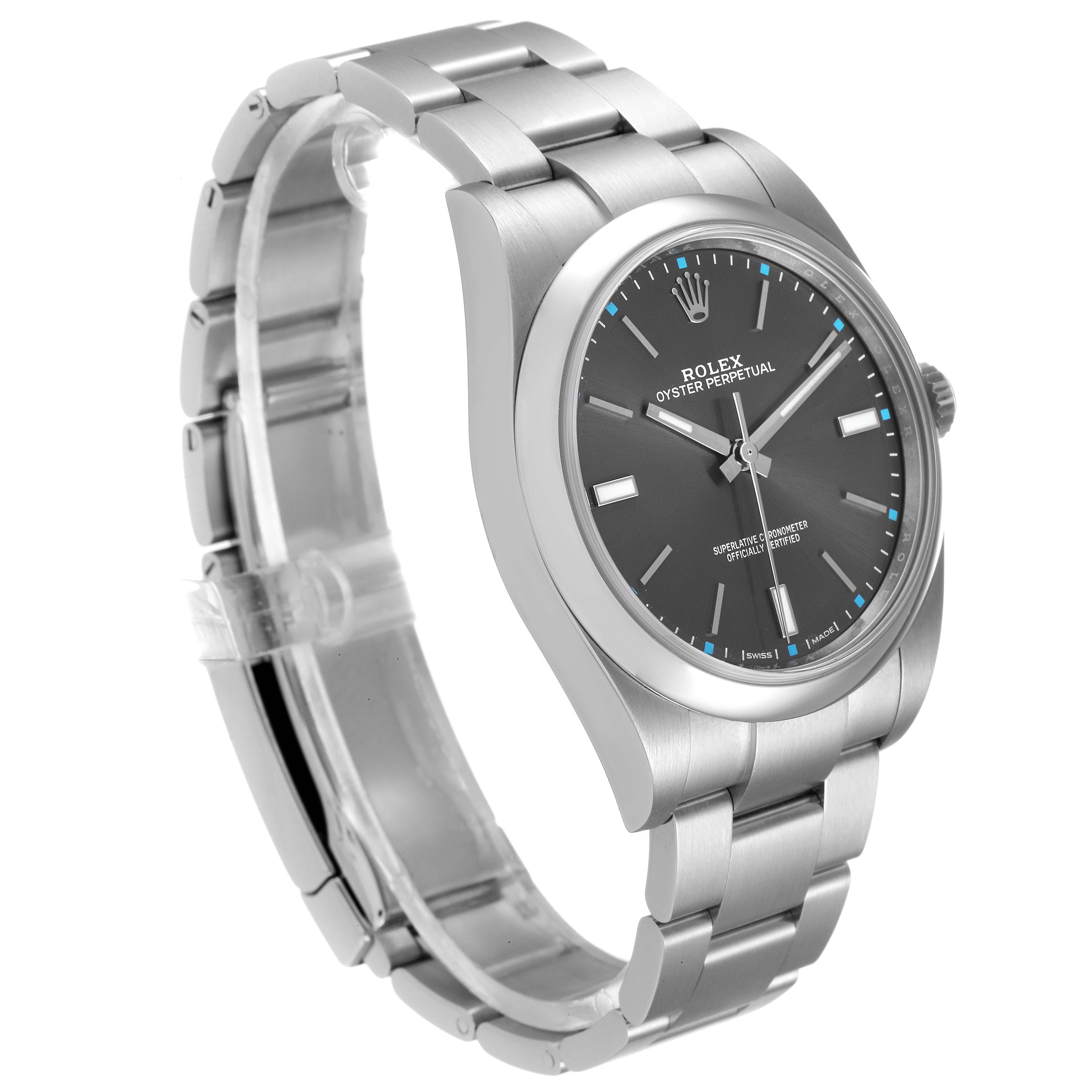 This Rolex Oyster Perpetual 114300 Men
s Stainless Steel Silver Dial 114300 Men
s Stainless Steel Silver Dial watch is shown from a front-side angle, highlighting its face, strap, and clasp.