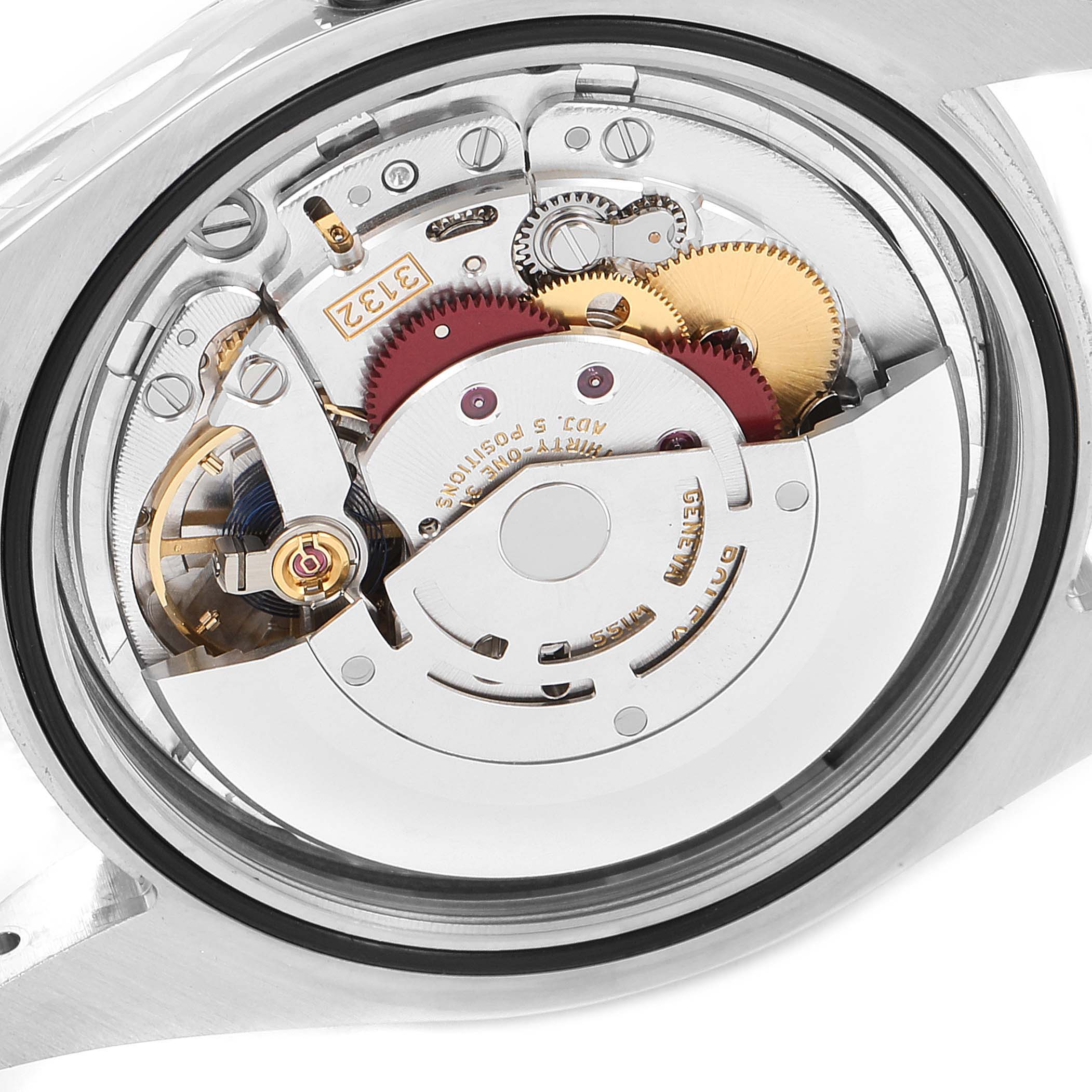 This image shows the inner mechanical movement of a Rolex Oyster Perpetual 114300 Men
s Stainless Steel Silver Dial 114300 Men
s Stainless Steel Silver Dial watch, focusing on the gears and components from a top-down angle.