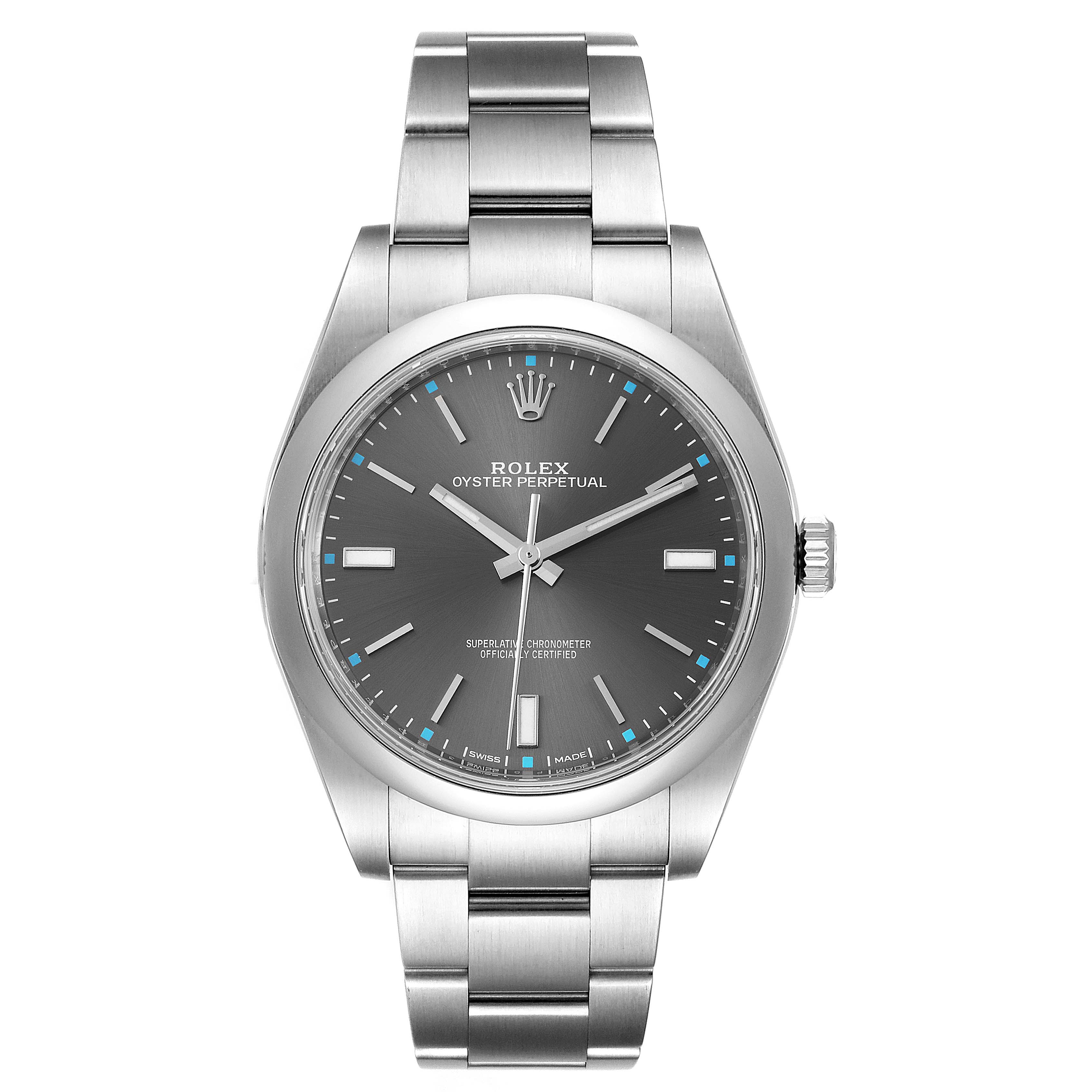This is a frontal view of a Rolex Oyster Perpetual 114300 Men
s Stainless Steel Silver Dial 114300 Men
s Stainless Steel Silver Dial watch, showing the dial, hour markers, hands, and bracelet.