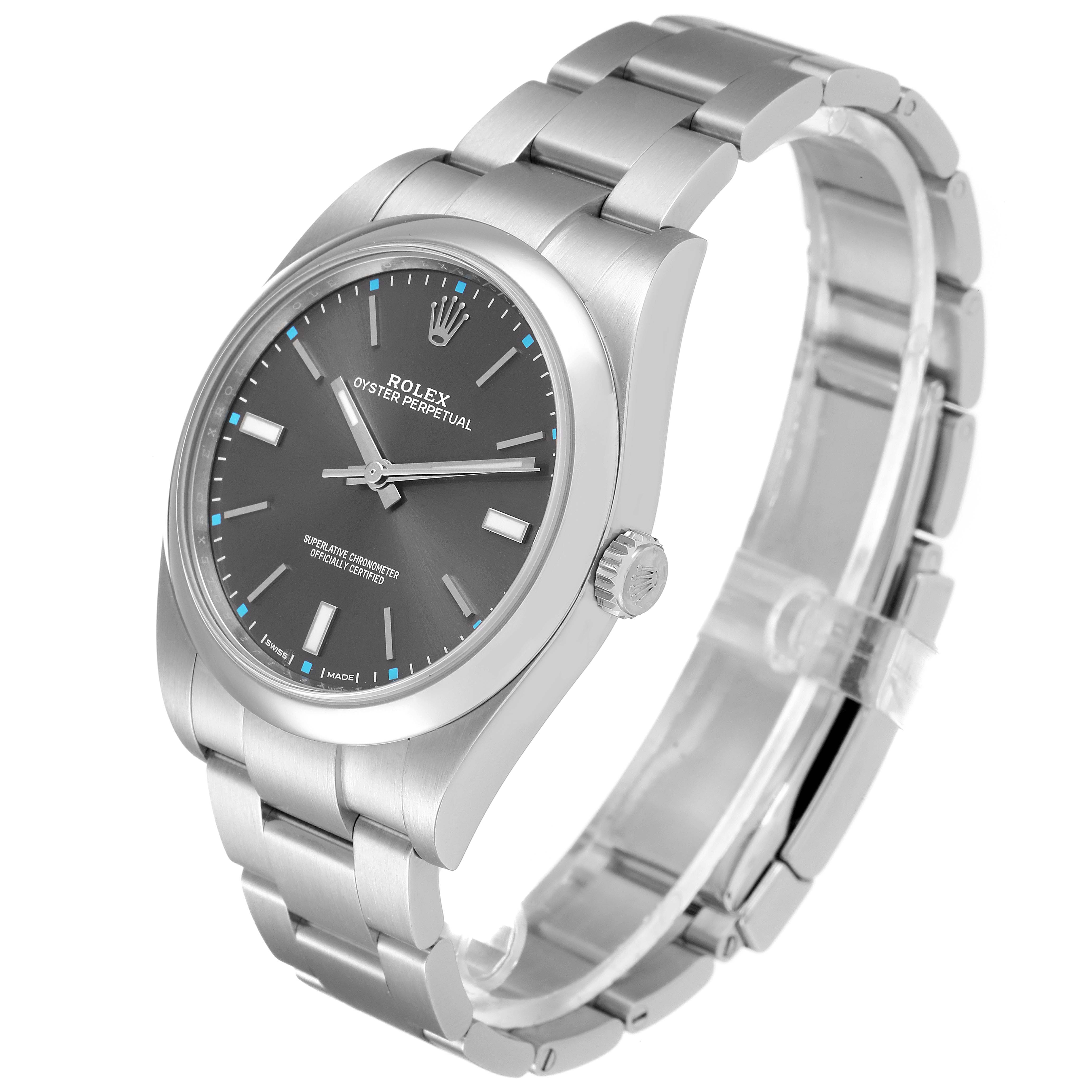 The image shows a side and front angle of the Rolex Oyster Perpetual 114300 Men
s Stainless Steel Silver Dial 114300 Men
s Stainless Steel Silver Dial watch, highlighting the dial, bracelet, and crown.