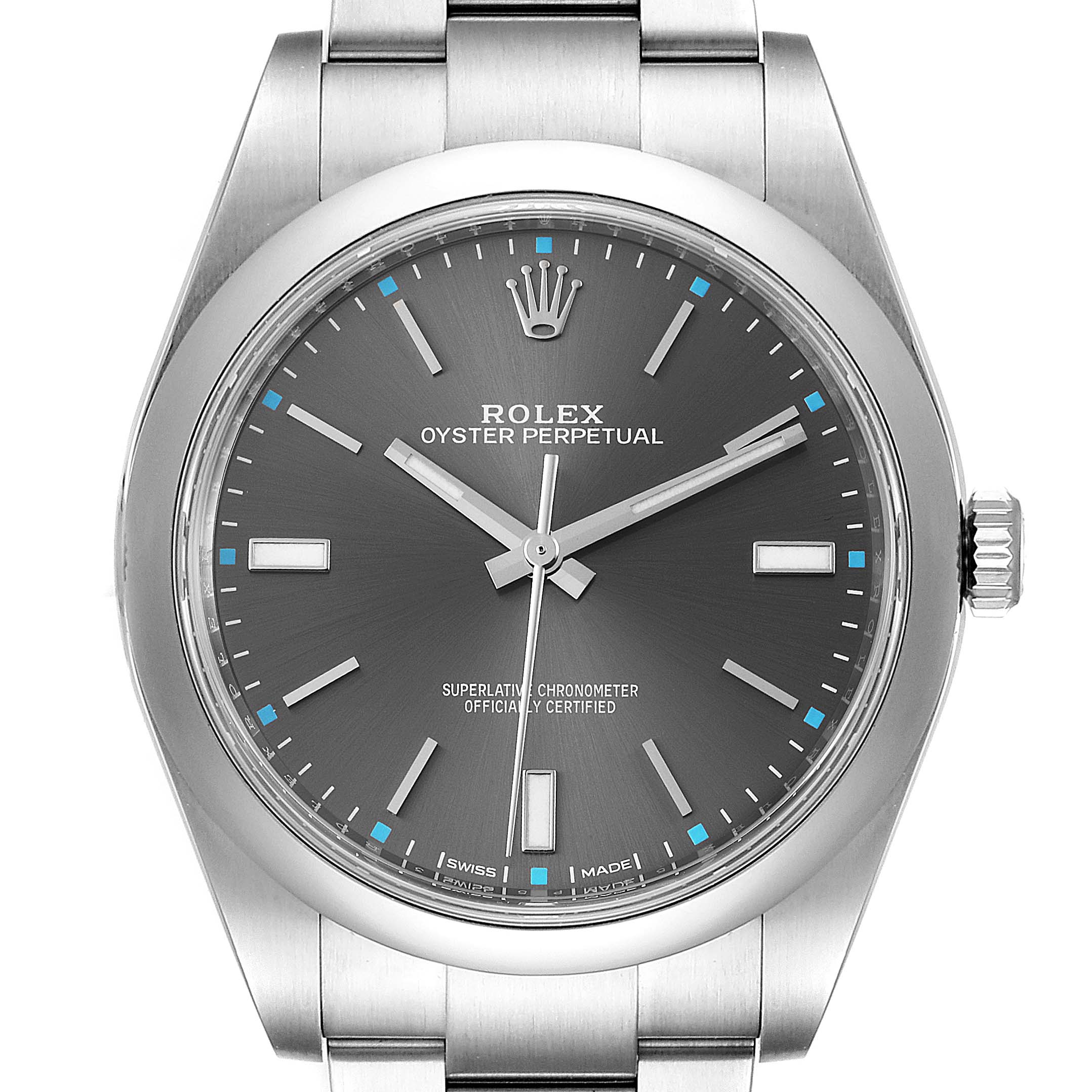The image shows a frontal view of a Rolex Oyster Perpetual 114300 Men
s Stainless Steel Silver Dial 114300 Men
s Stainless Steel Silver Dial watch, highlighting the dial, hands, crown, and part of the bracelet.