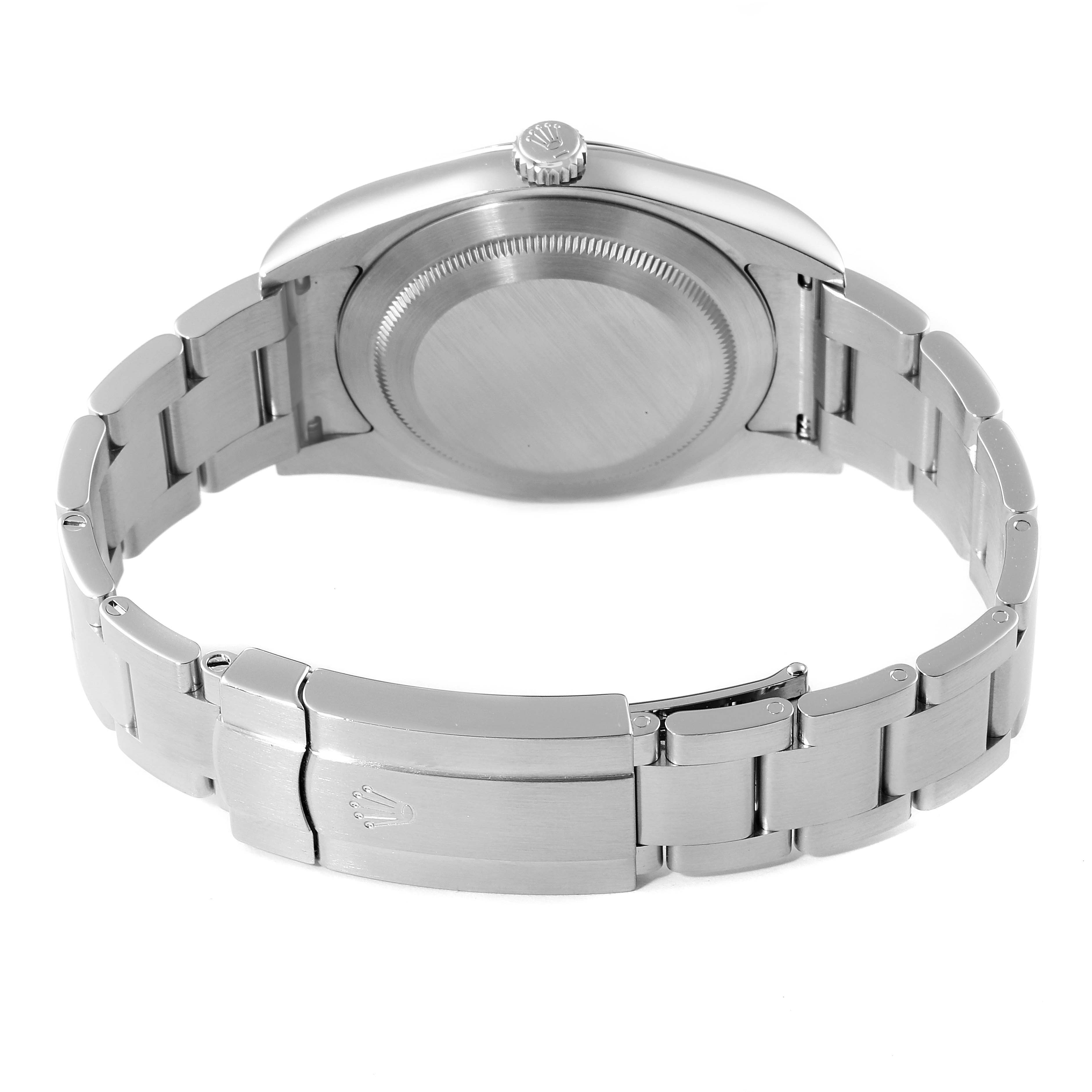 The image shows the back view of a Rolex Oyster Perpetual 114300 Men
s Stainless Steel Silver Dial 114300 Men
s Stainless Steel Silver Dial watch, highlighting the case back, bracelet, and clasp.
