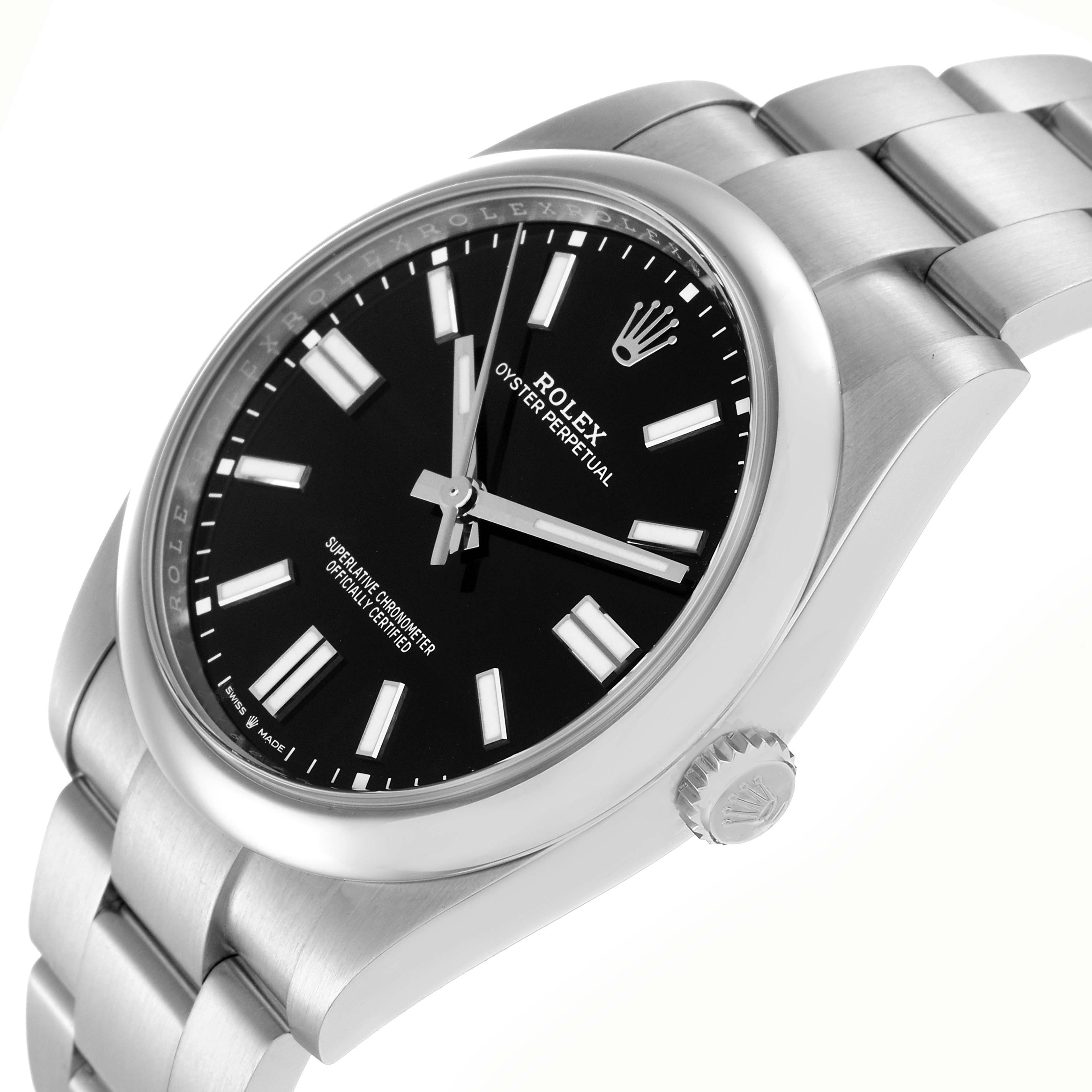 The Rolex Oyster Perpetual 124300 Men
s Stainless Steel Black Dial 124300 Men
s Stainless Steel Black Dial watch is shown from a side angle highlighting the case, dial, crown, and part of the bracelet.