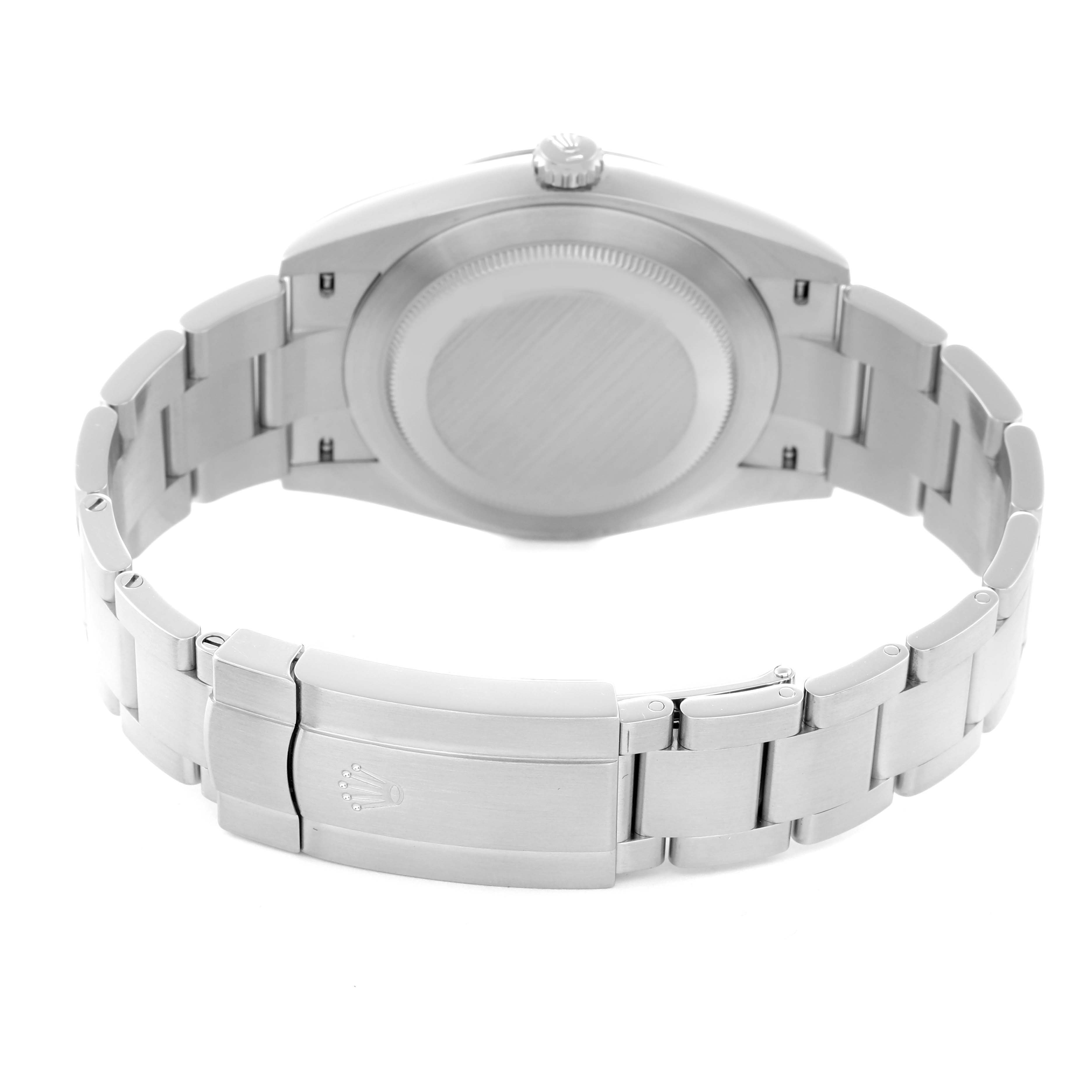 The image shows the back and clasp of the Rolex Oyster Perpetual 124300 Men
s Stainless Steel Black Dial 124300 Men
s Stainless Steel Black Dial watch, highlighting the bracelet and case back.