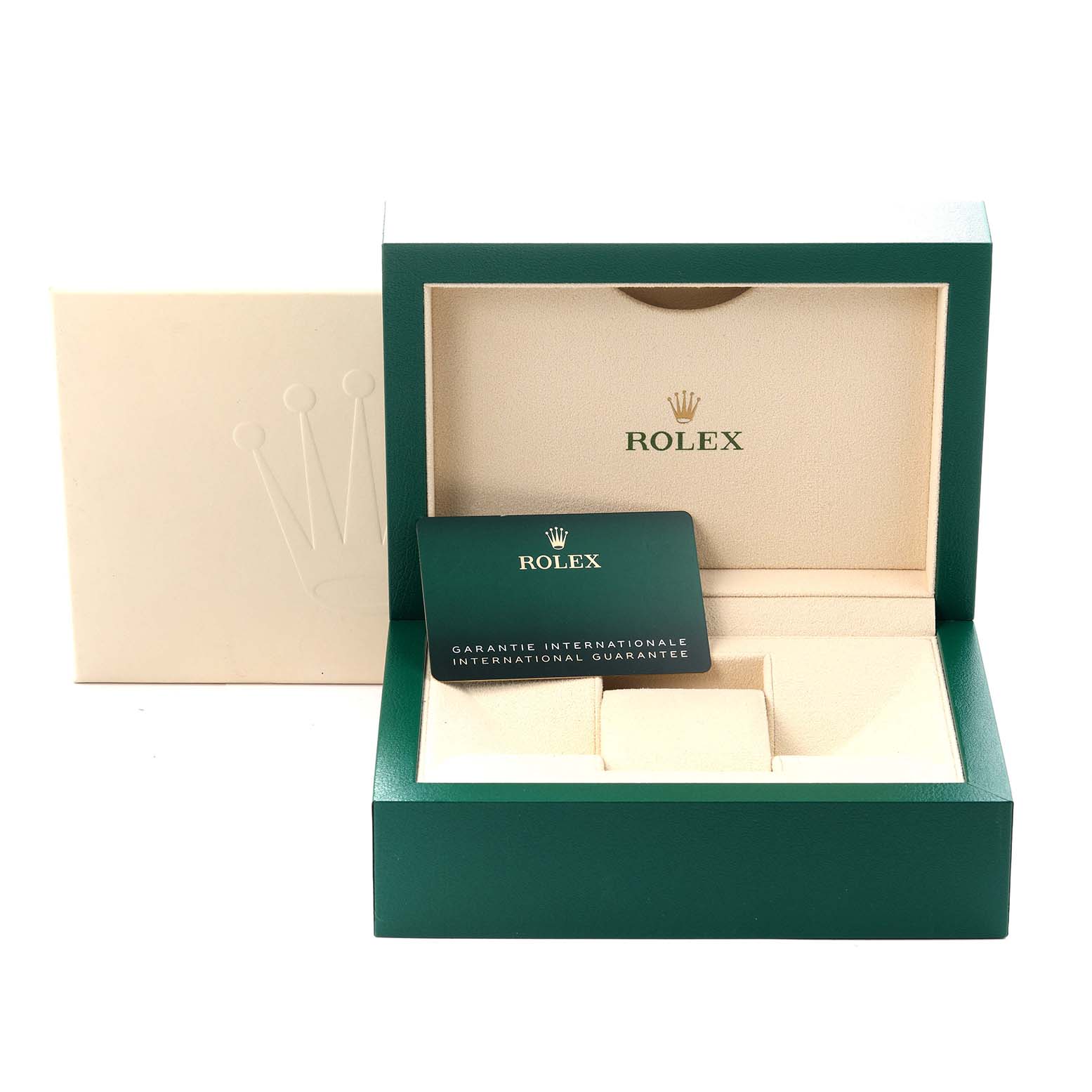 The image shows an open Rolex Oyster Perpetual 124300 Men
s Stainless Steel Black Dial 124300 Men
s Stainless Steel Black Dial watch box with an international guarantee card inside.